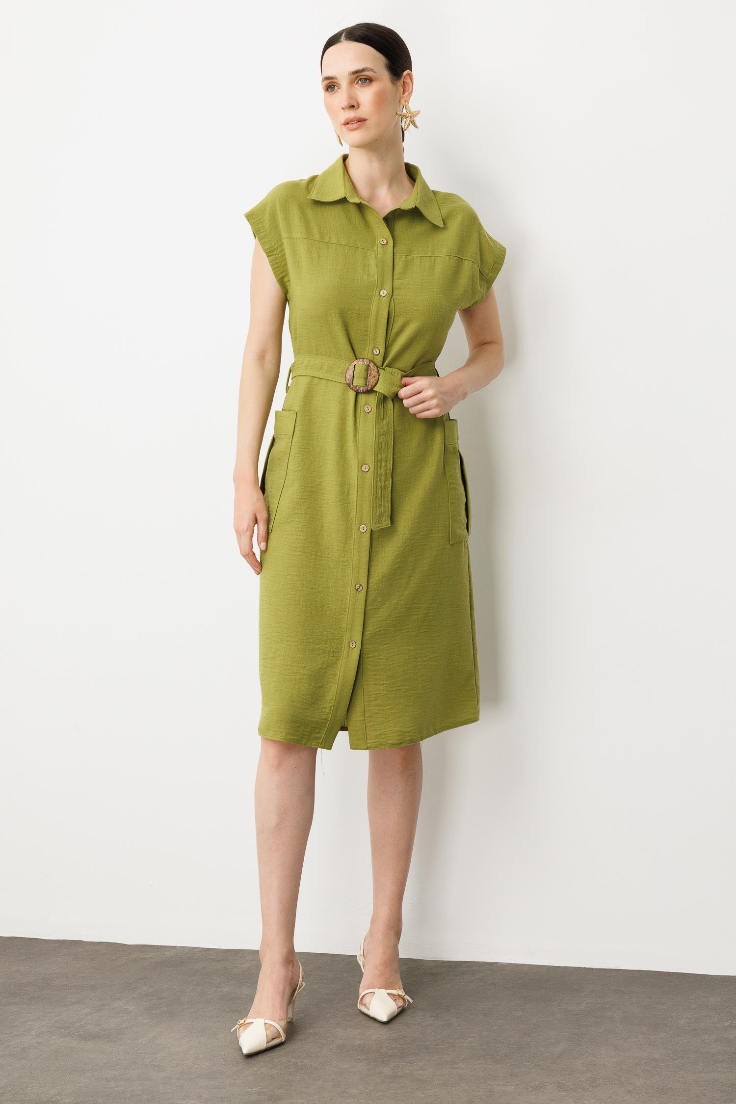 Keten Görünümlü Kuşaklı Elbise-YEŞİL