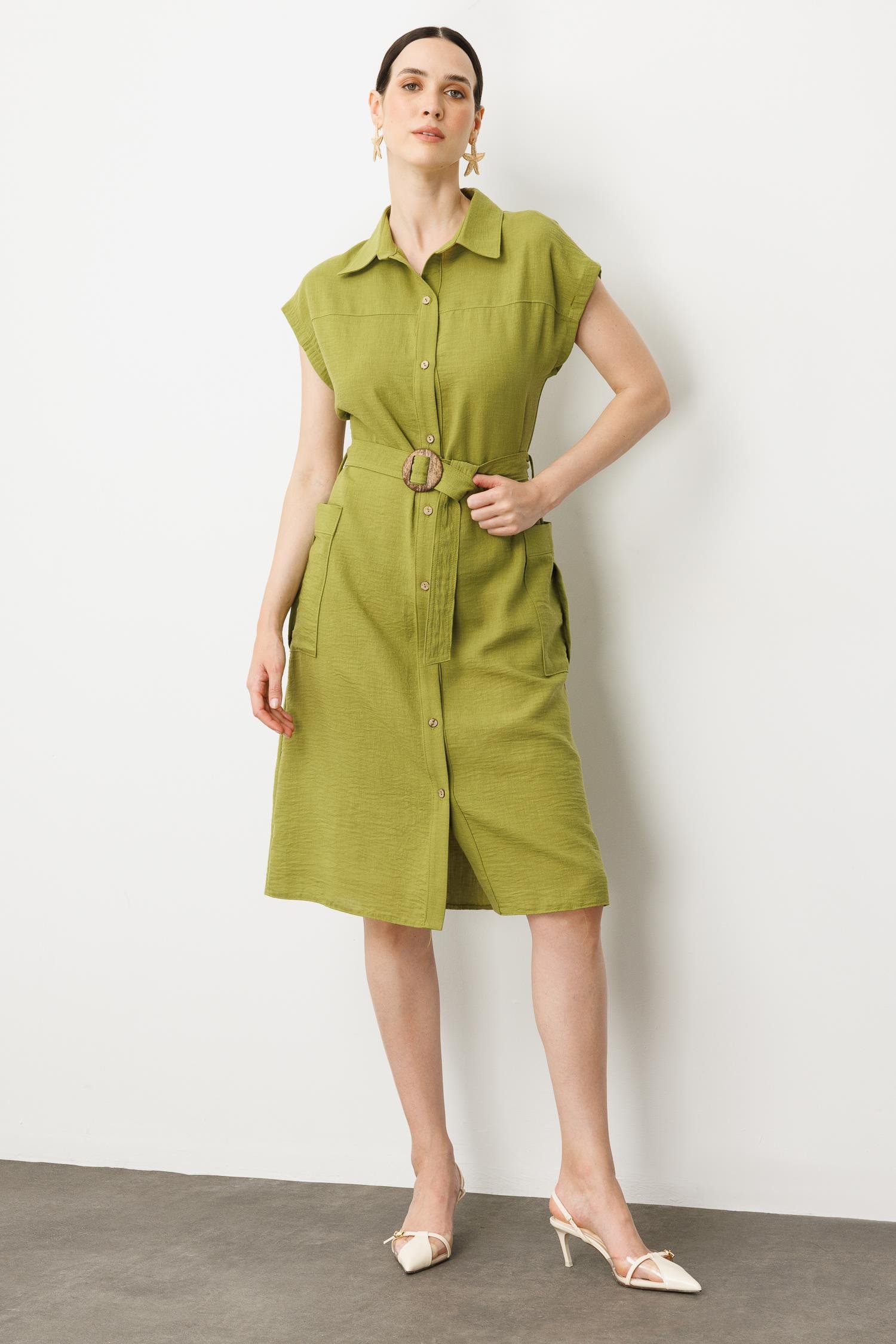 Keten Görünümlü Kuşaklı Elbise-YEŞİL