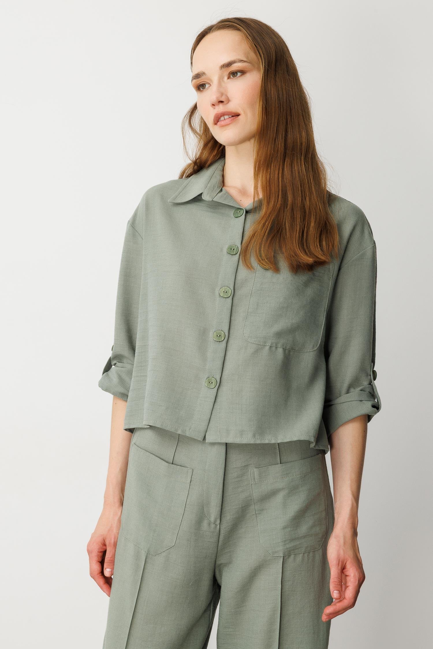 Keten Görünümlü Oversize Kısa Gömlek-ÇAĞLA