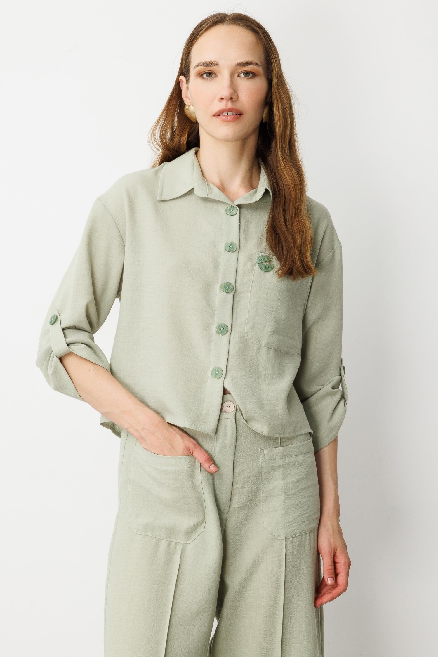Keten Görünümlü Oversize Kısa Gömlek-SU YEŞİLİ