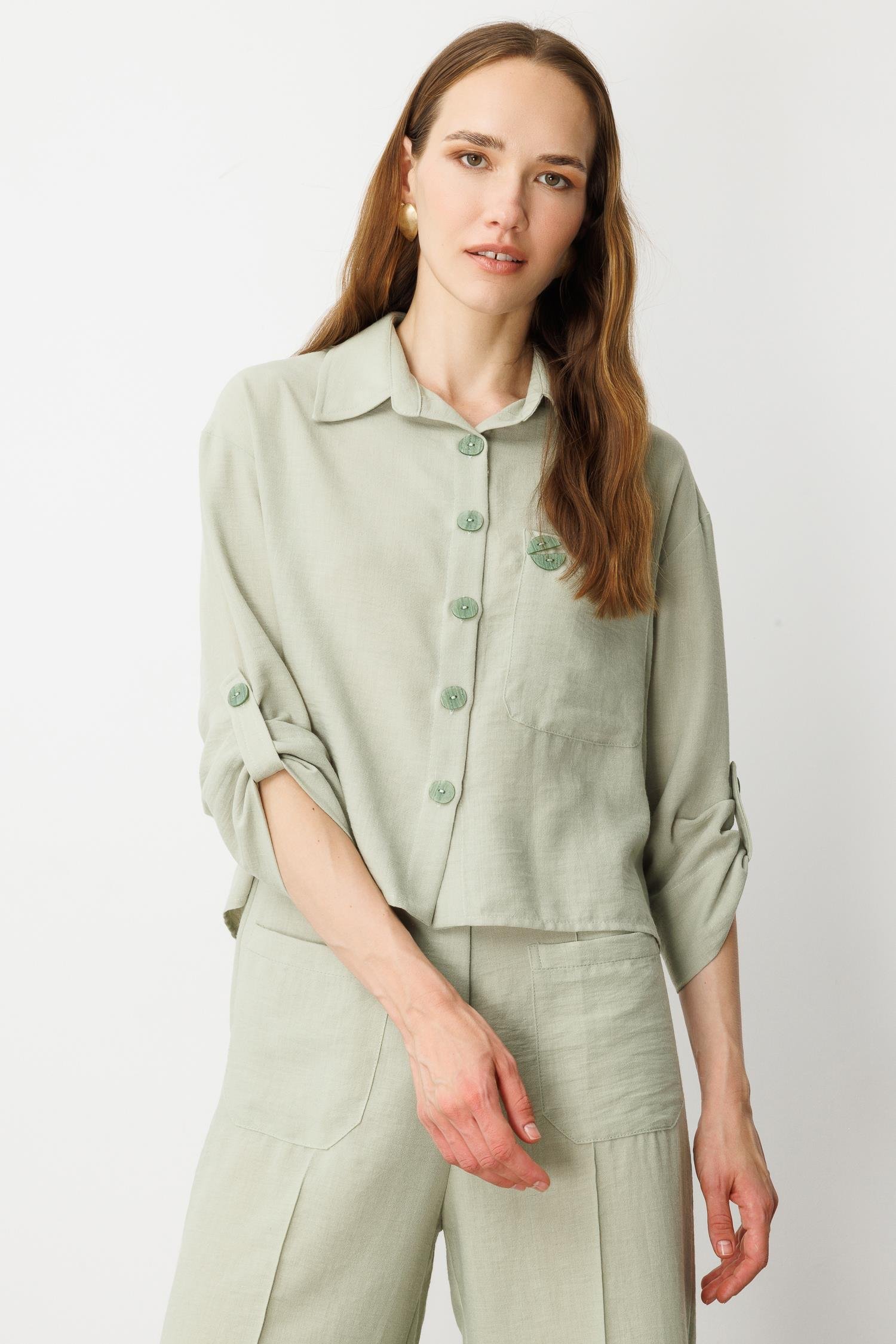 Keten Görünümlü Oversize Kısa Gömlek-SU YEŞİLİ