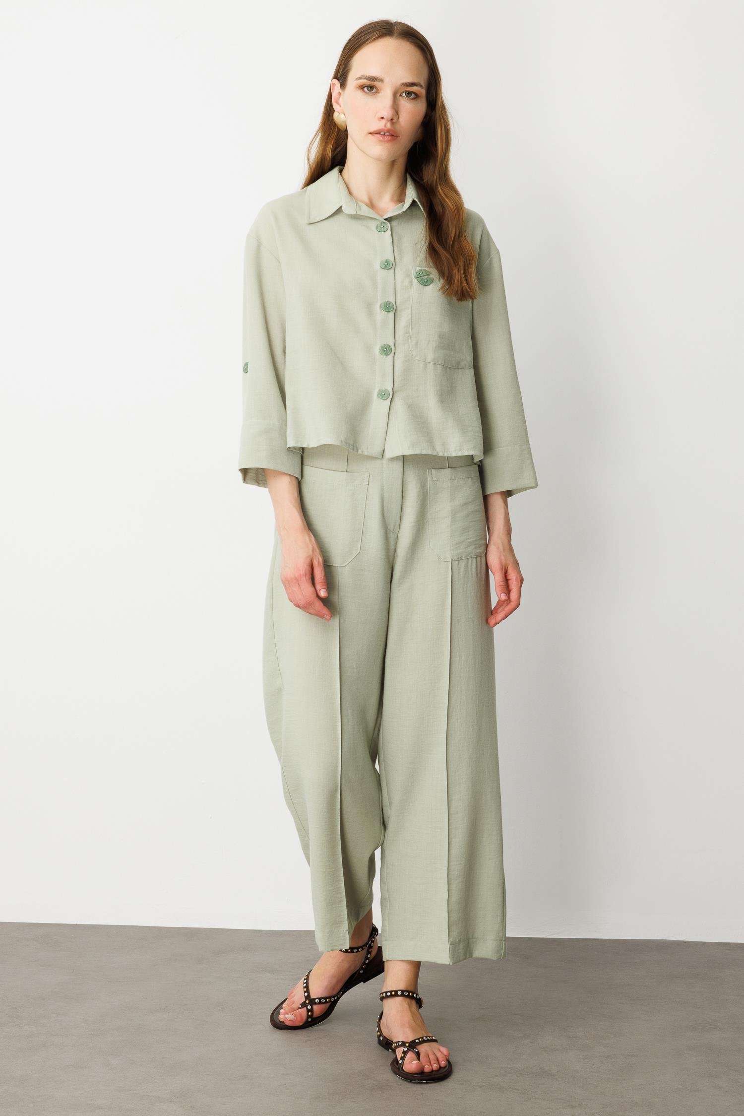 Keten Görünümlü Oversize Kısa Gömlek-SU YEŞİLİ