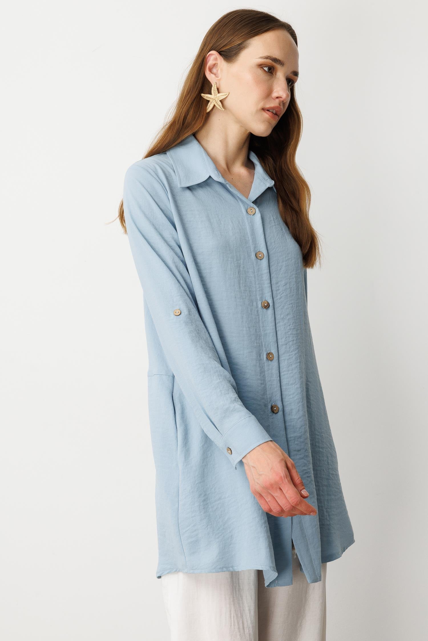 Keten Görünümlü Tunik Gömlek-A.MAVI