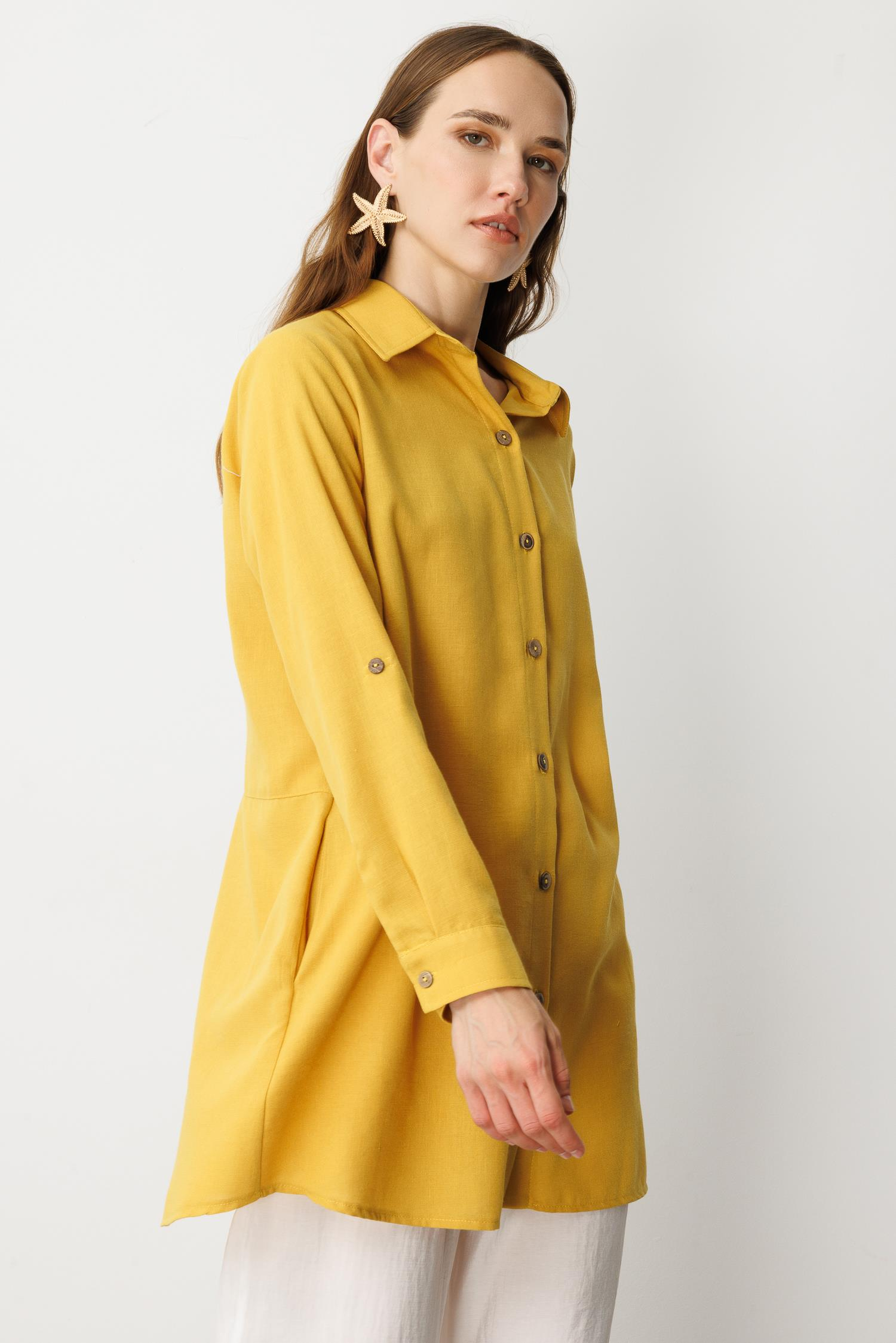 Keten Görünümlü Tunik Gömlek-SAFRAN