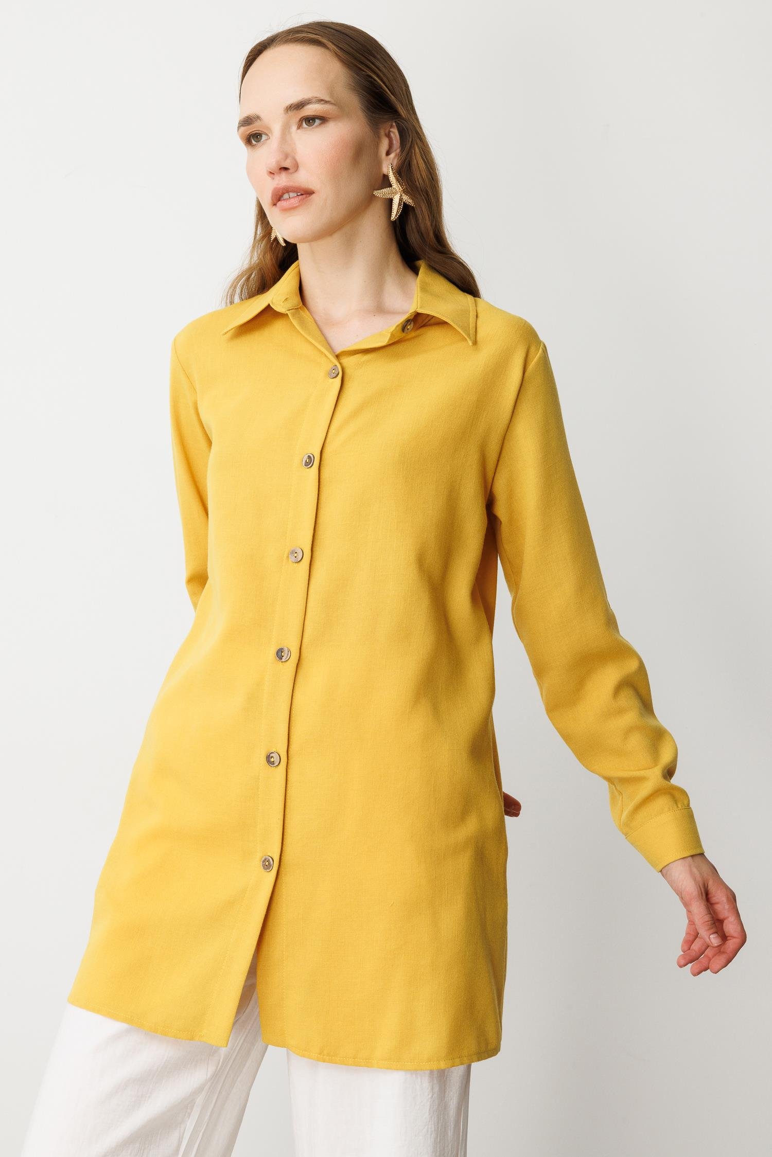 Keten Görünümlü Tunik Gömlek-SAFRAN