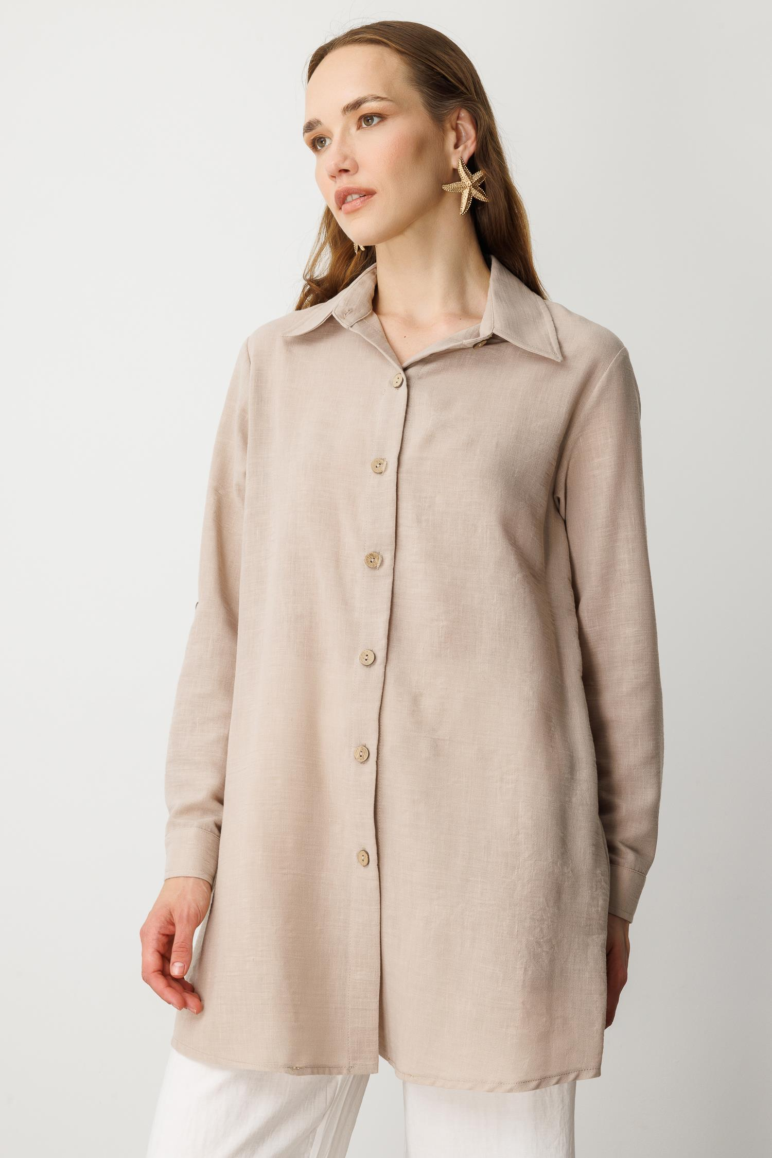 Keten Görünümlü Tunik Gömlek-TAŞ