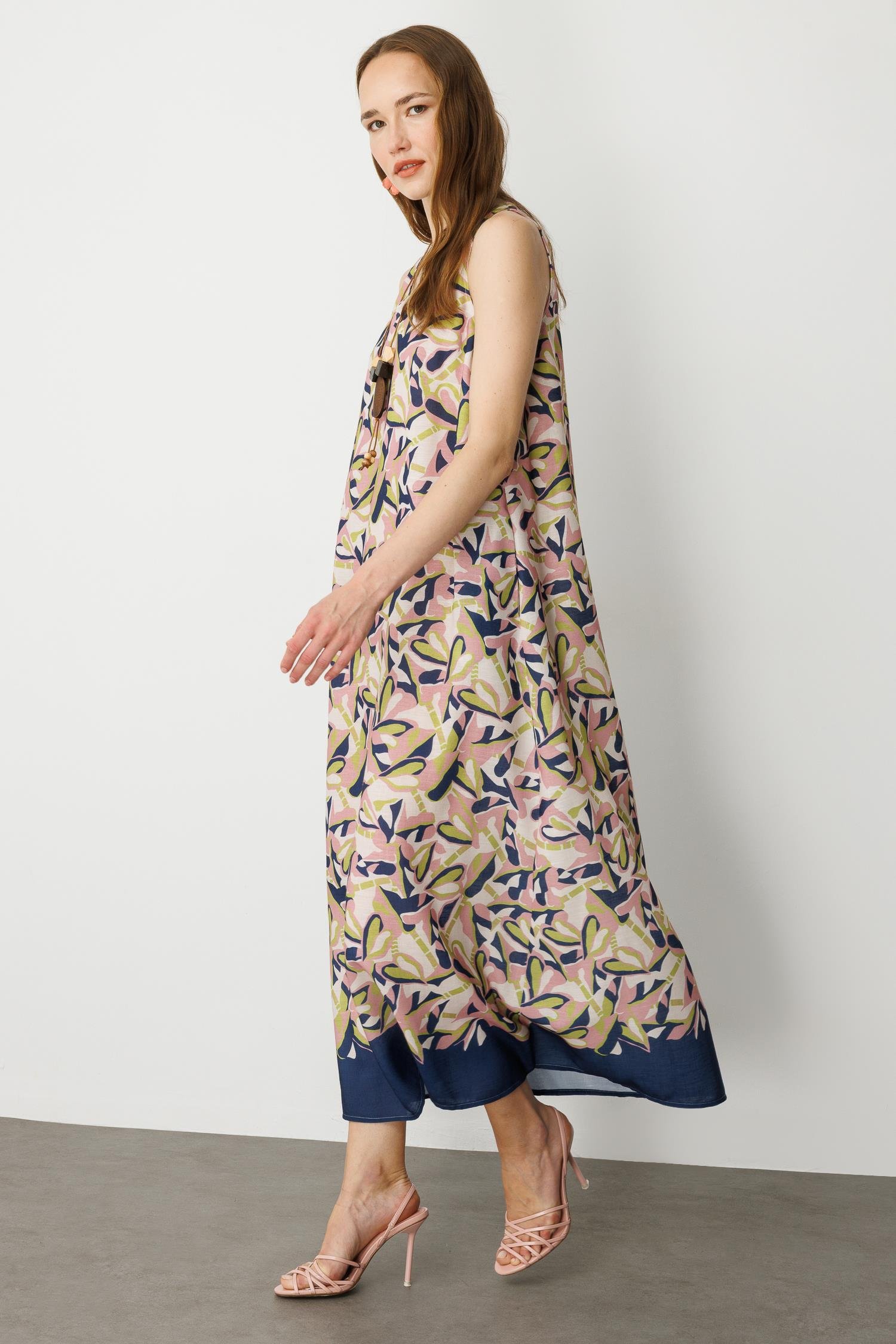 Keten Görünümlü Uzun Elbise-LACI