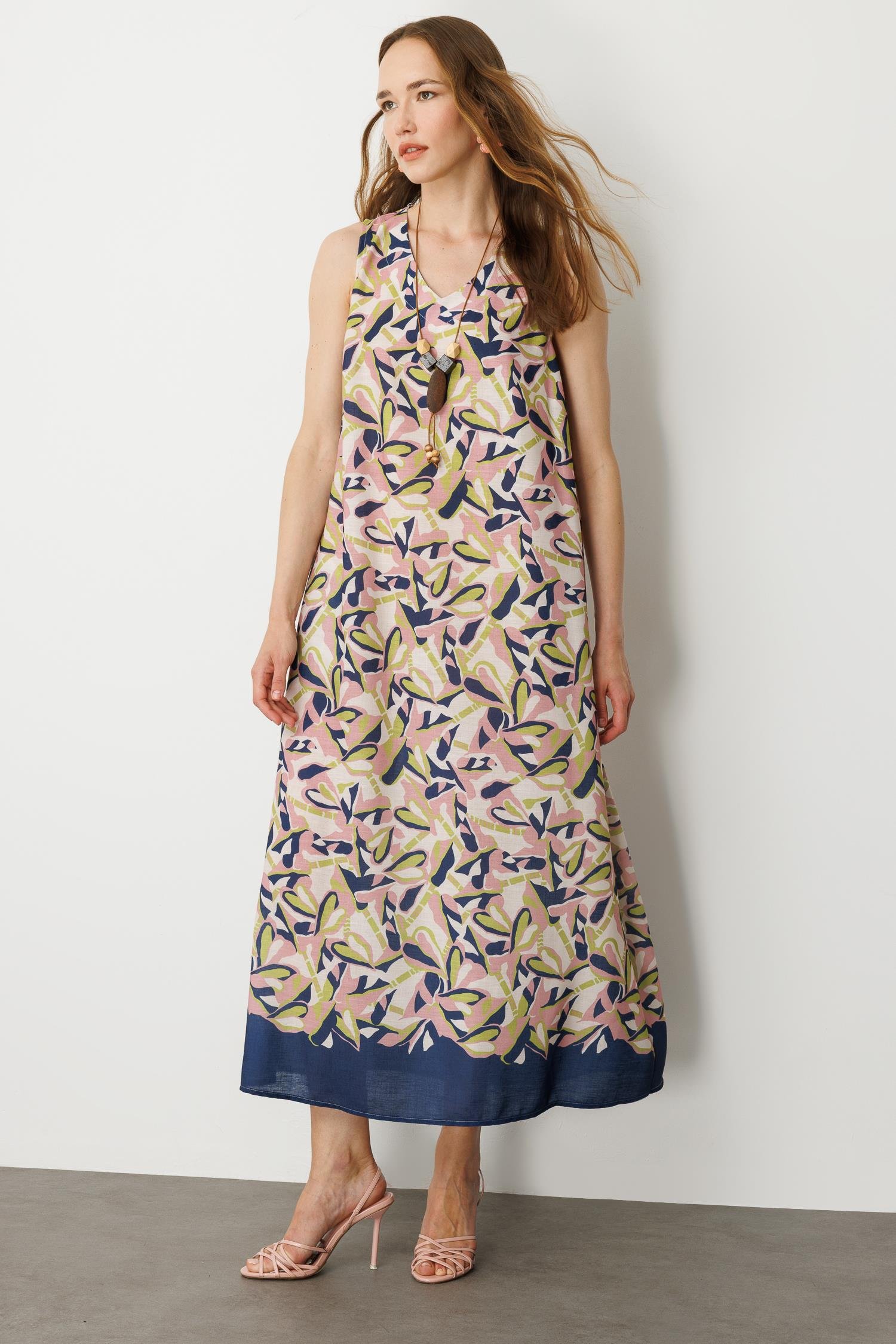 Keten Görünümlü Uzun Elbise-LACI