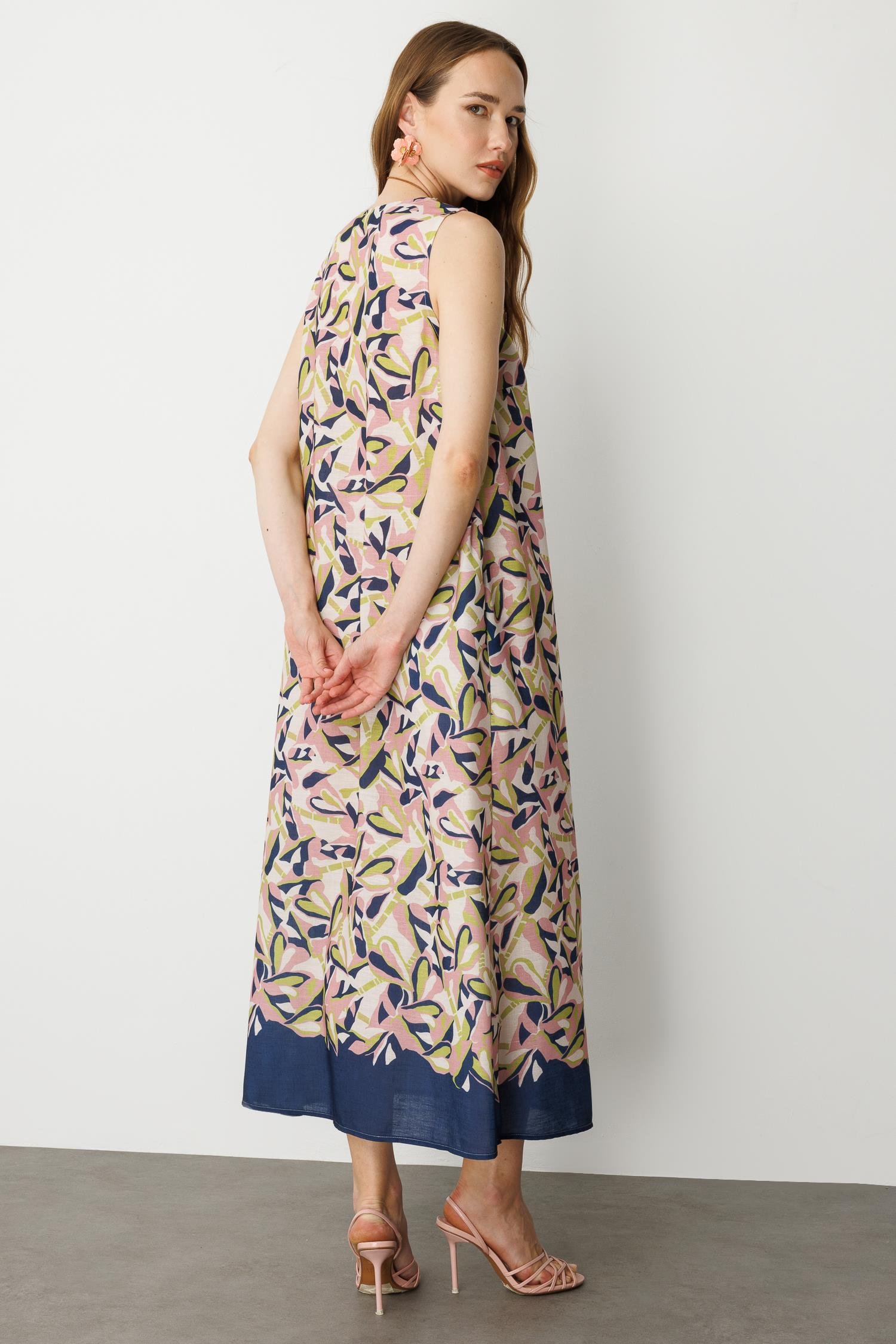 Keten Görünümlü Uzun Elbise-LACI