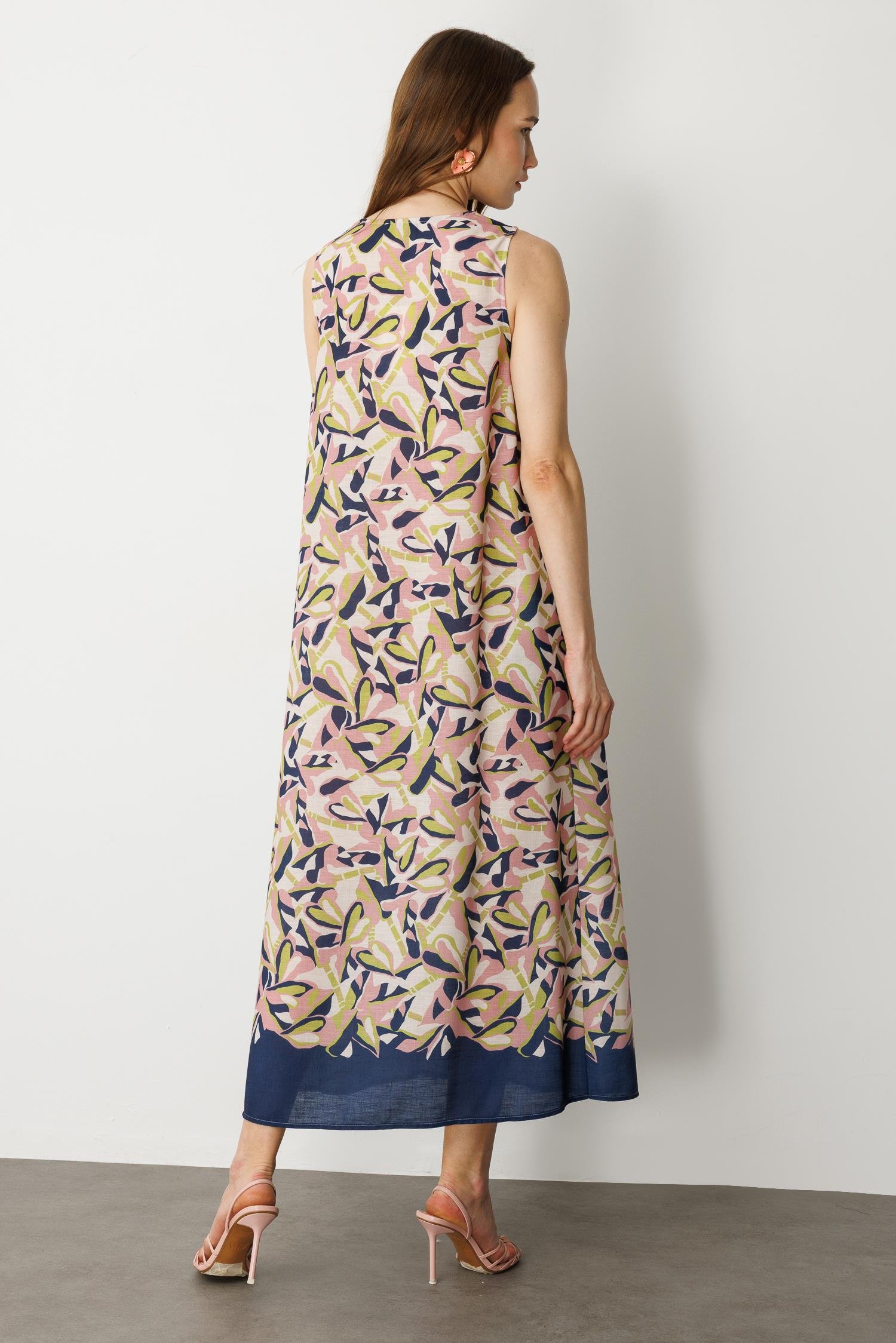 Keten Görünümlü Uzun Elbise-LACI