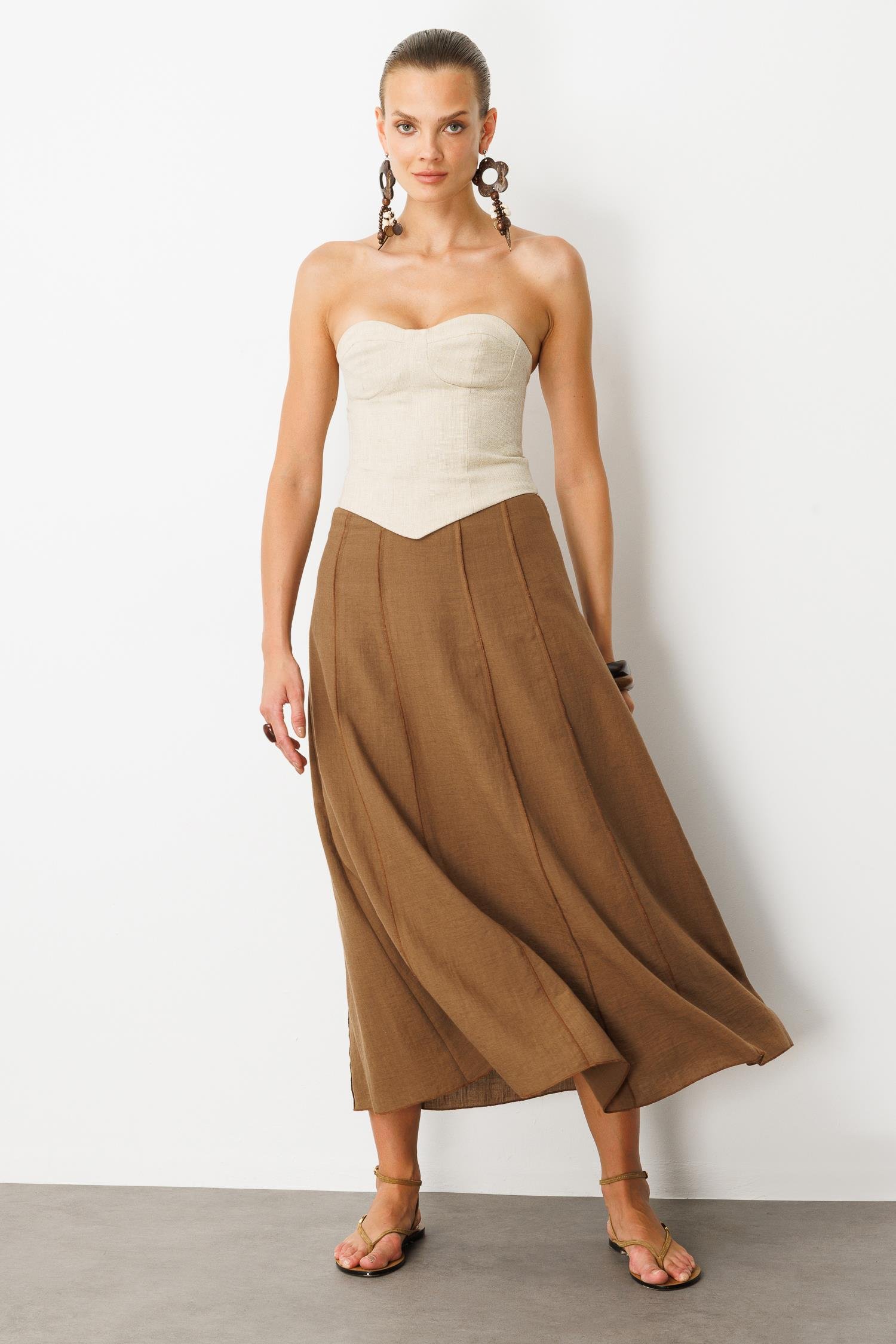 Keten Görünümlü Uzun Kloş Etek-KAHVE