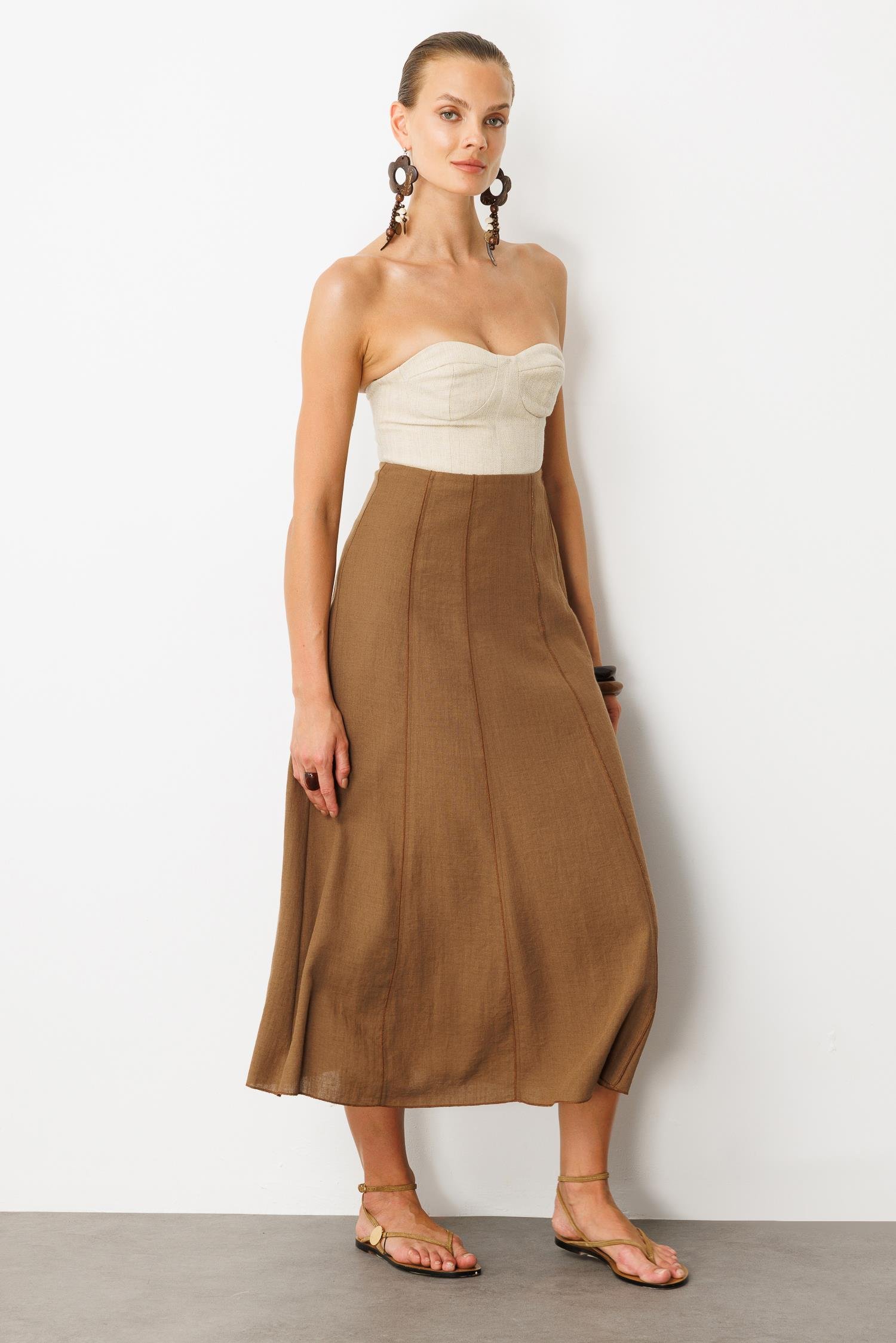 Keten Görünümlü Uzun Kloş Etek-KAHVE