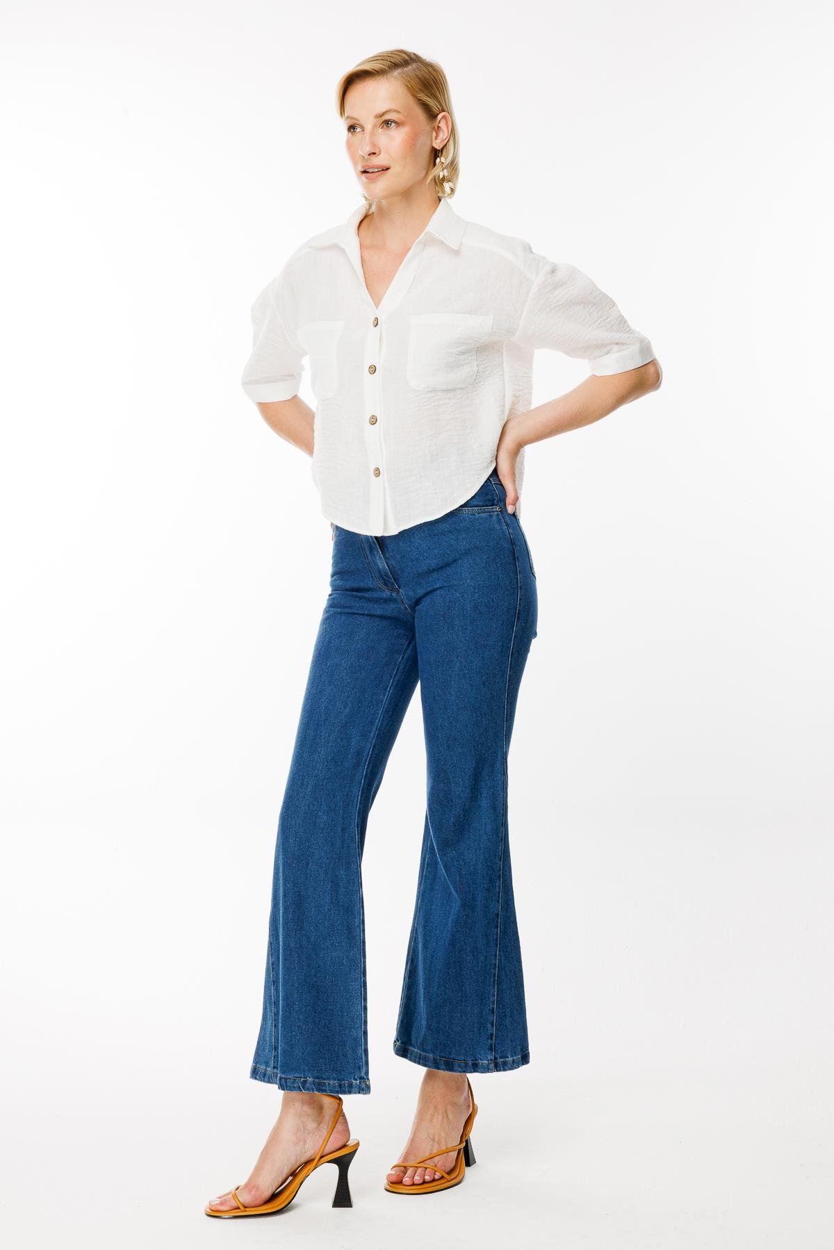 Kısa Kollu Düğmeli Keten Crop Gömlek - BEYAZ