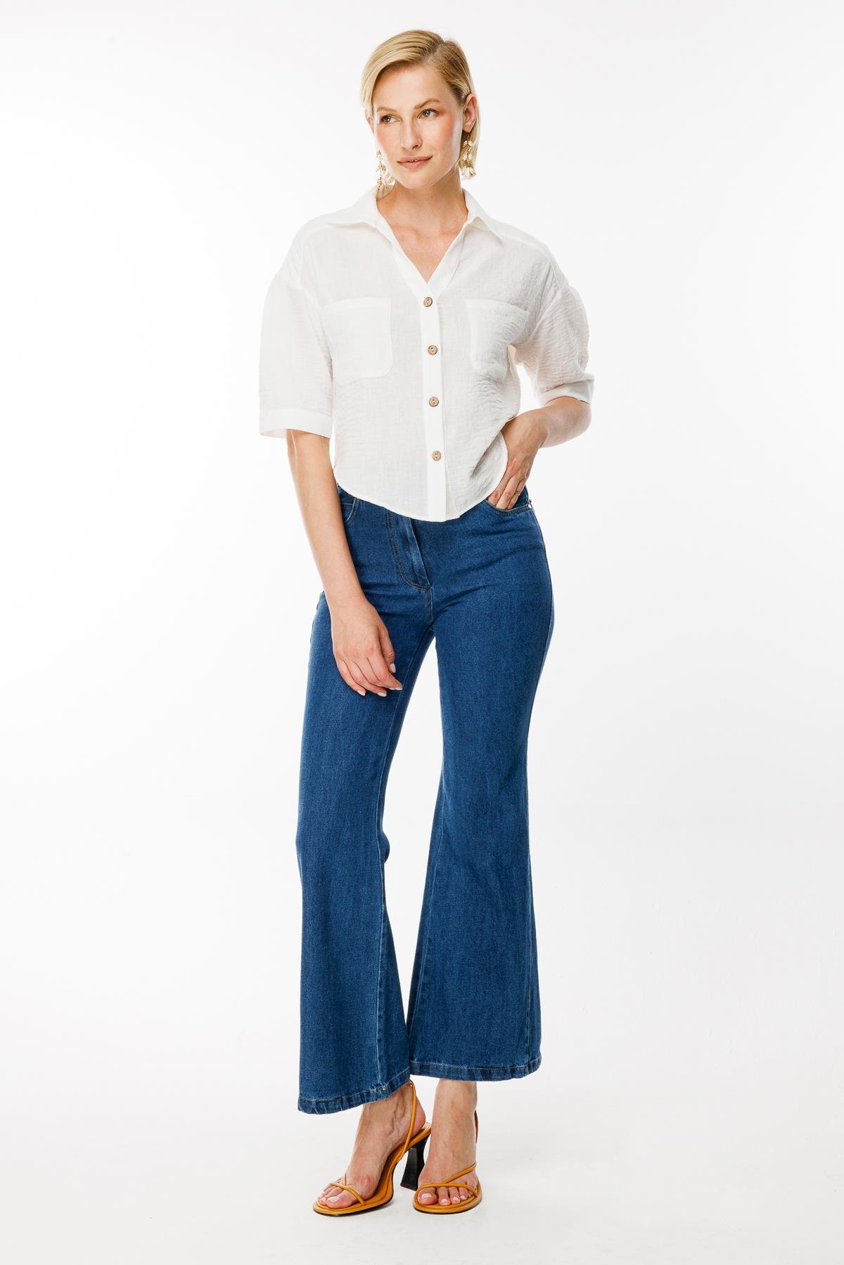 Kısa Kollu Düğmeli Keten Crop Gömlek - BEYAZ