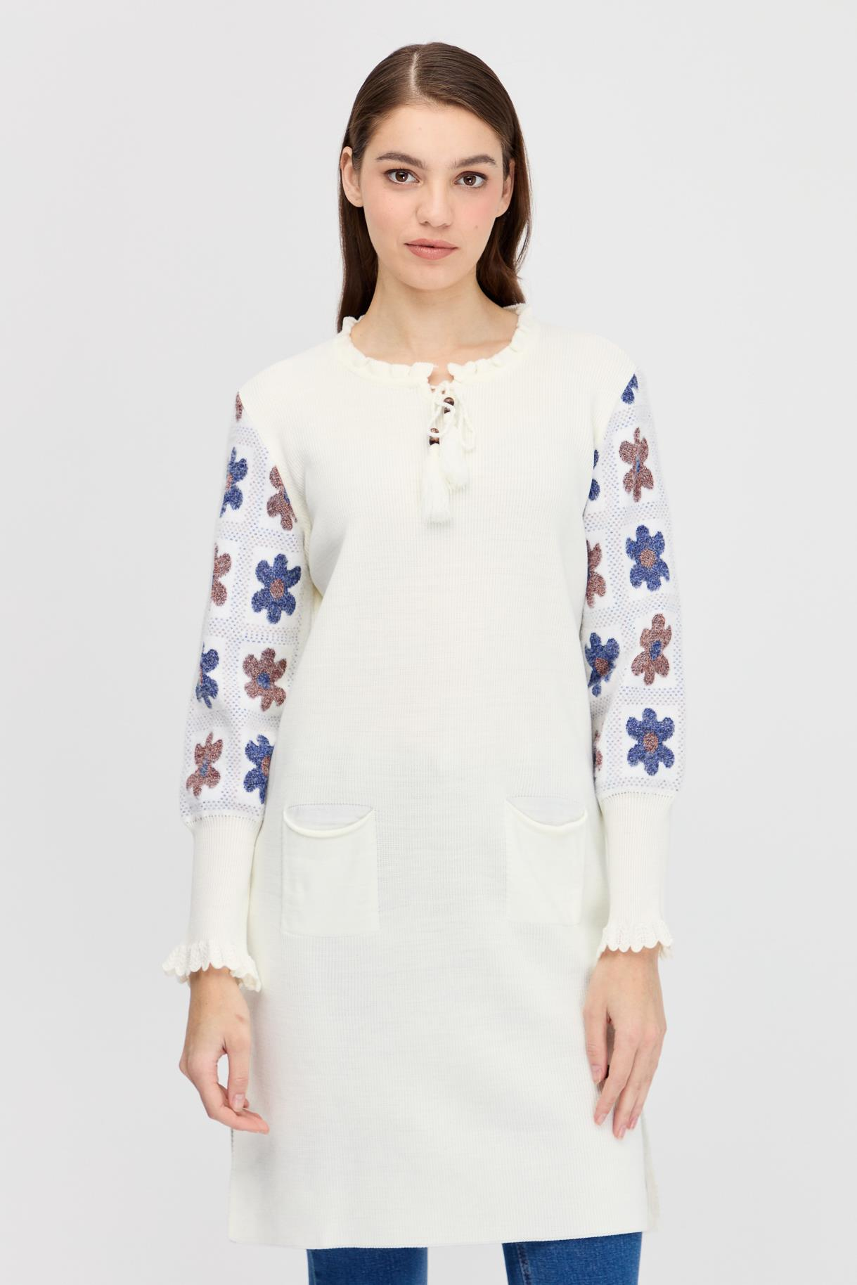 Kolları Desenli Triko Tunik - EKRU
