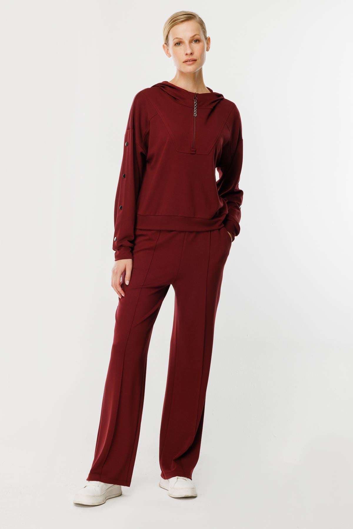 Kolları Düğme Detaylı Sweatshirt - BORDO