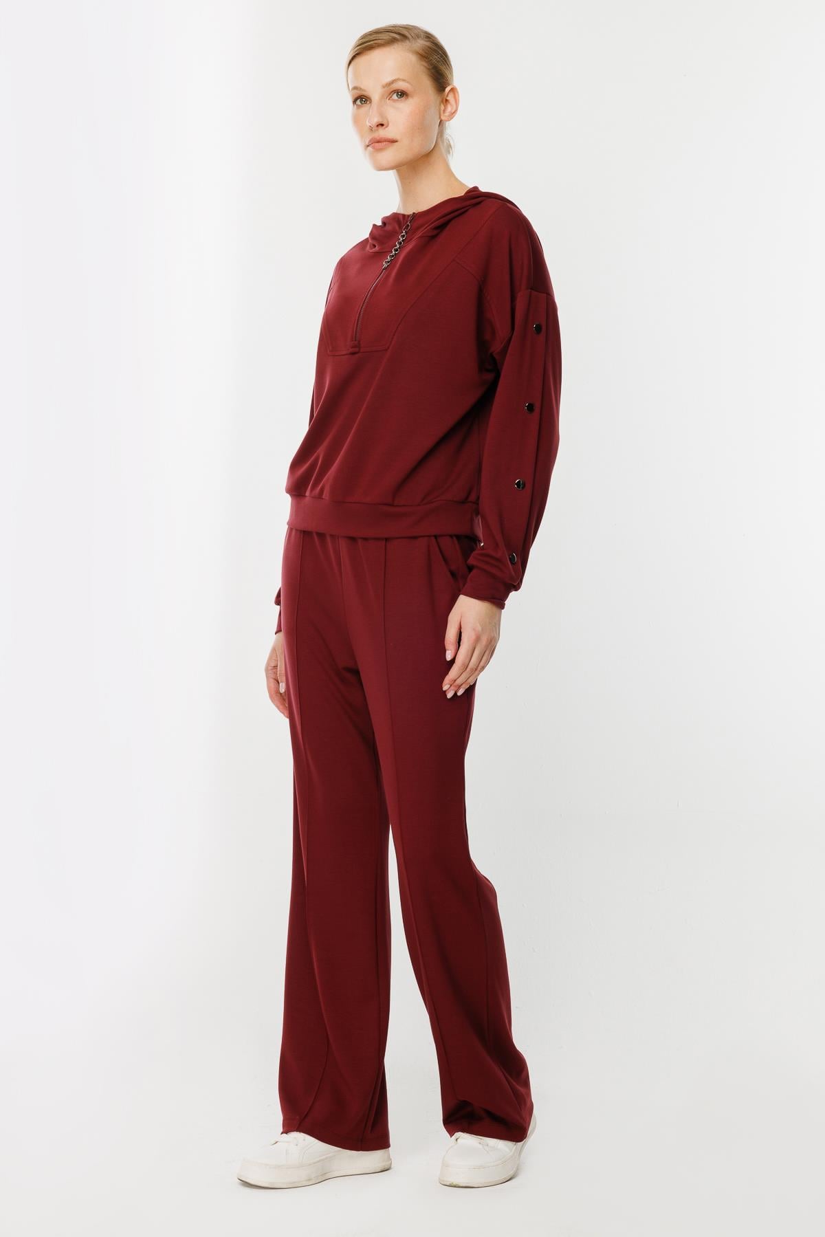 Kolları Düğme Detaylı Sweatshirt - BORDO