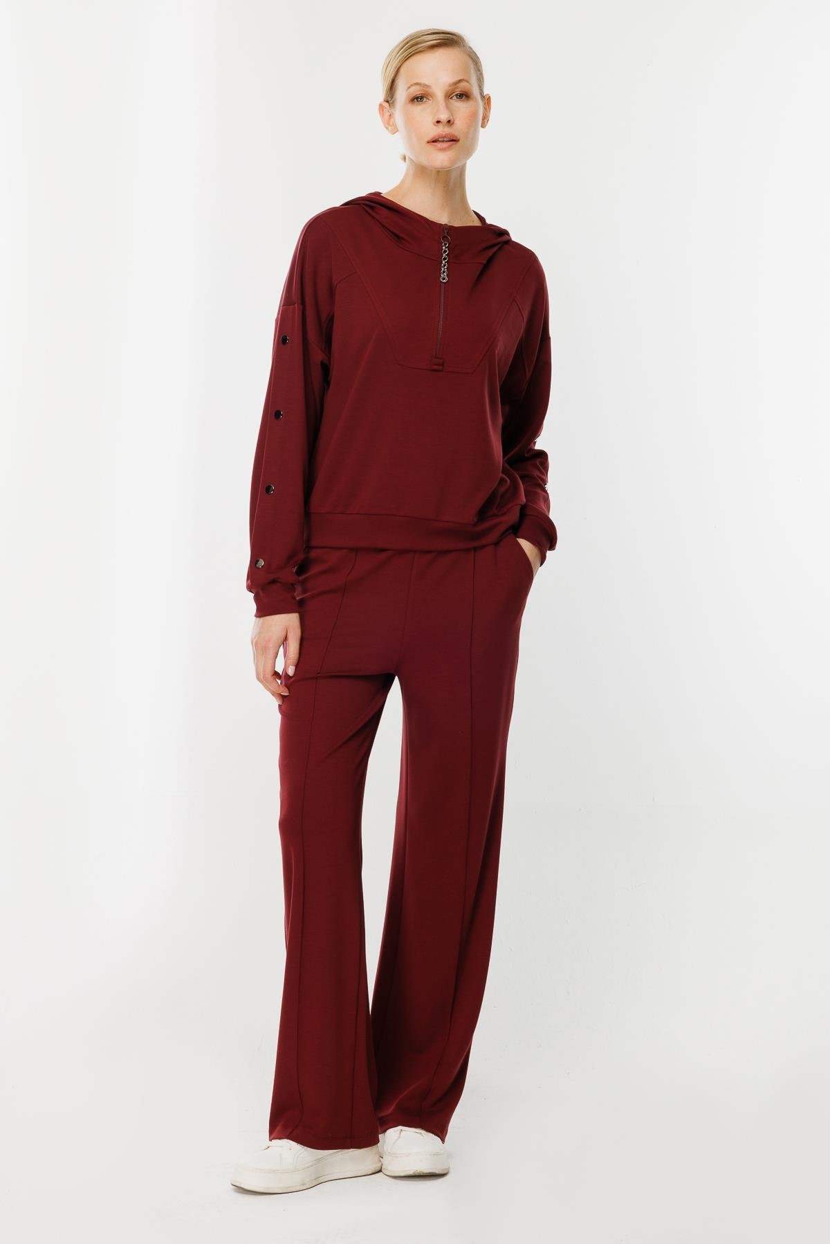 Kolları Düğme Detaylı Sweatshirt - BORDO