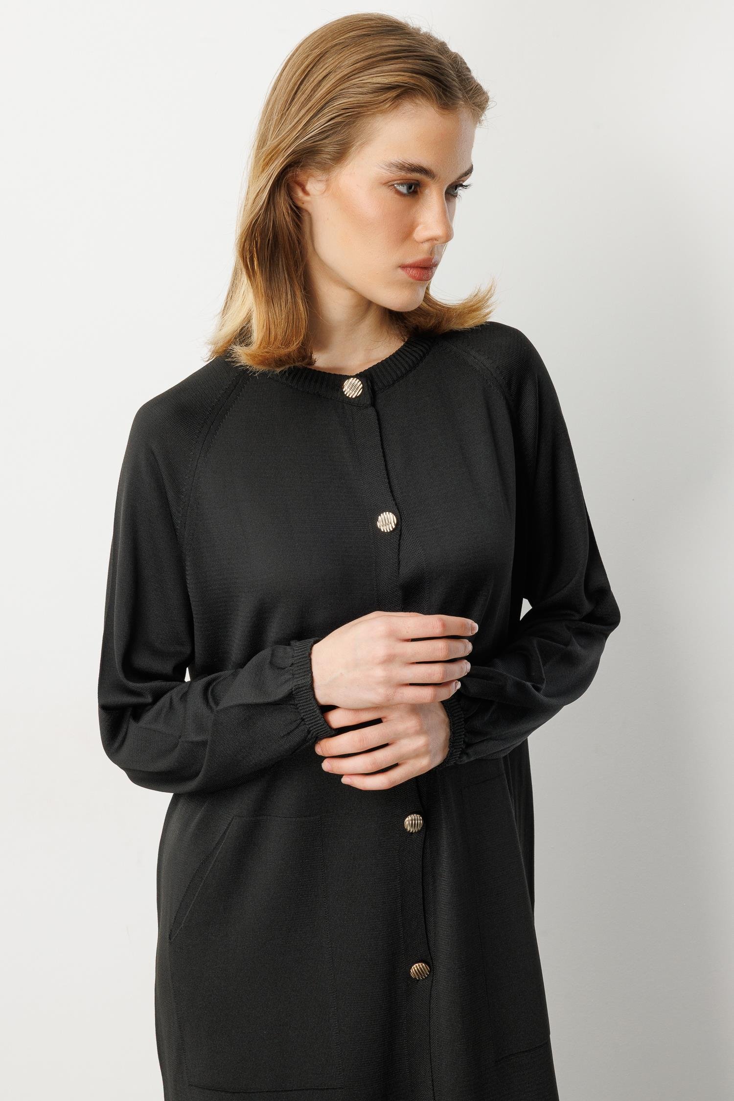 Kolları Lastikli Cep Detay Uzun Hırka-SİYAH