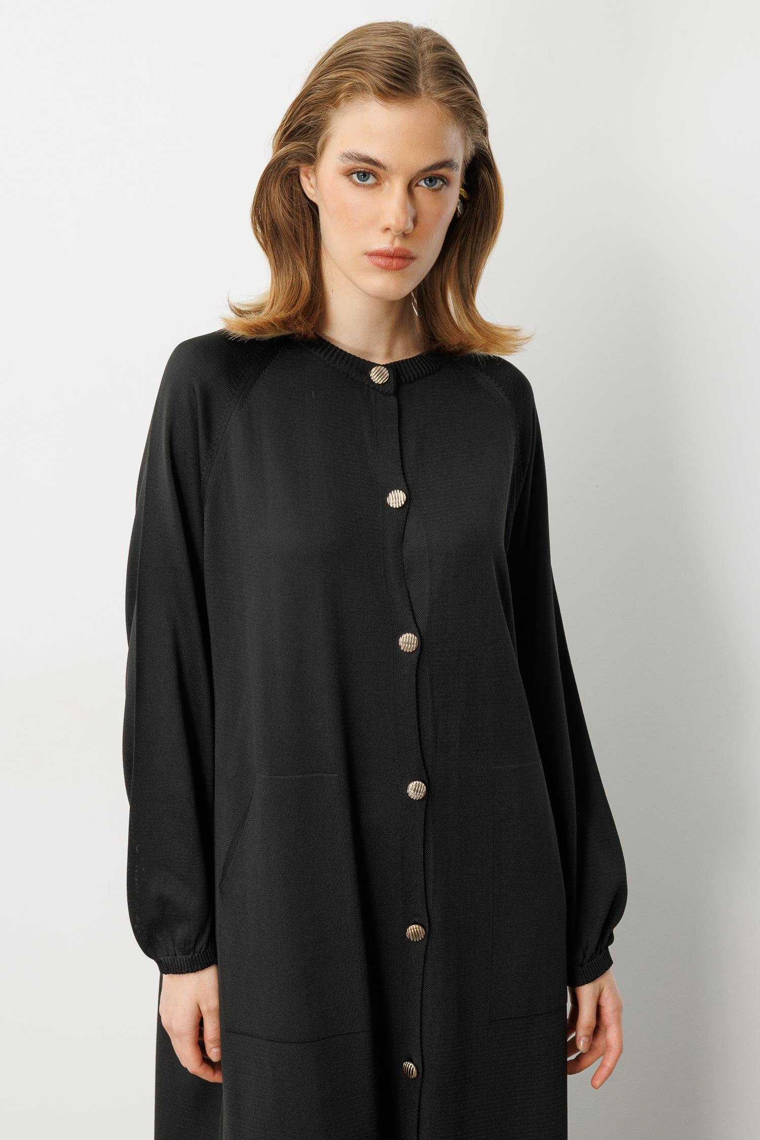 Kolları Lastikli Cep Detay Uzun Hırka-SİYAH