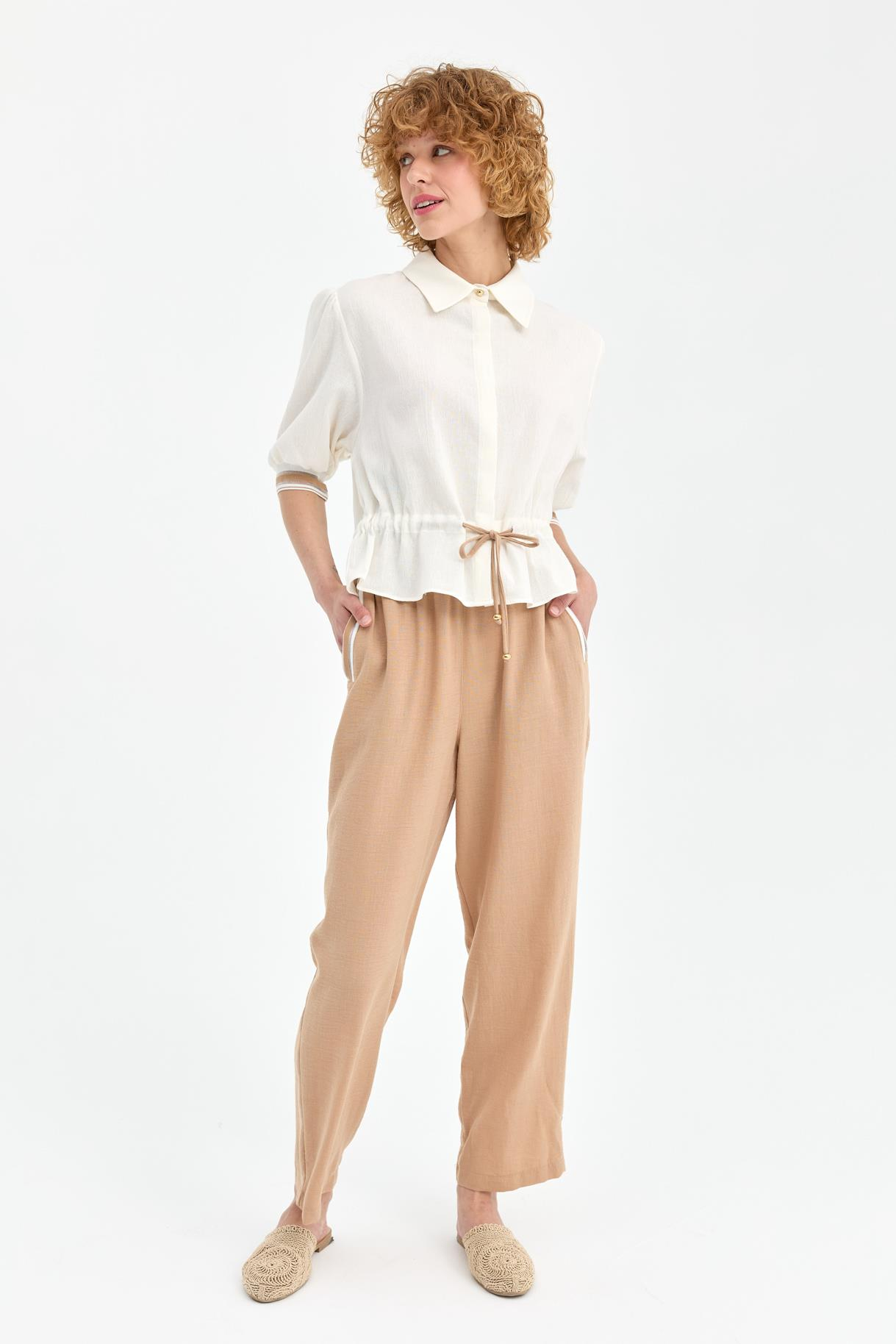 Kolları Lastikli İp Detaylı Şile Bezi Bluz - EKRU