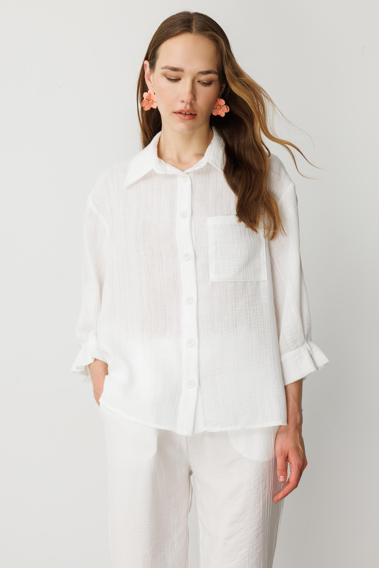 Kolları Pileli Keten Görünüm Gömlek-KEMIK