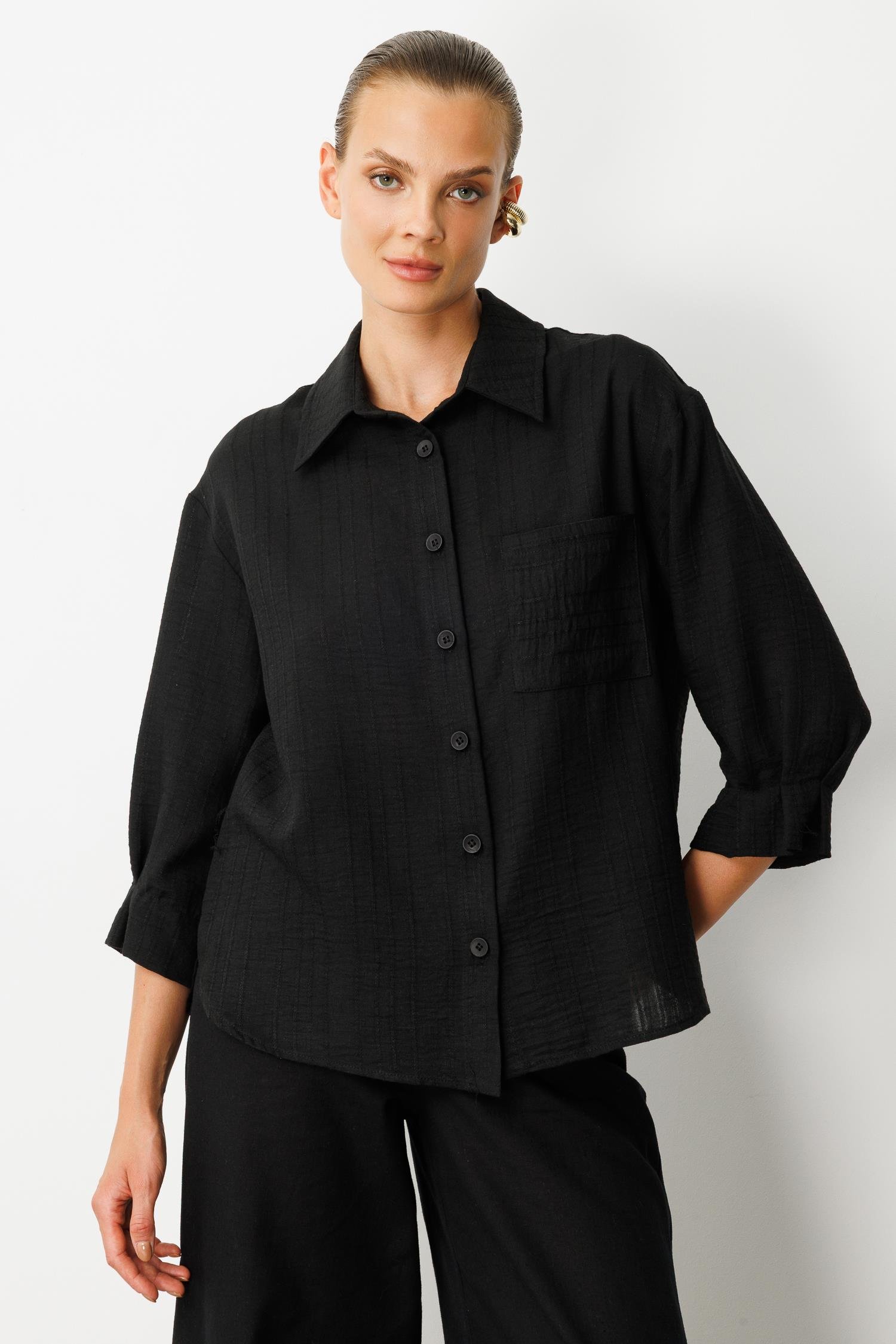 Kolları Pileli Keten Görünüm Gömlek-SİYAH