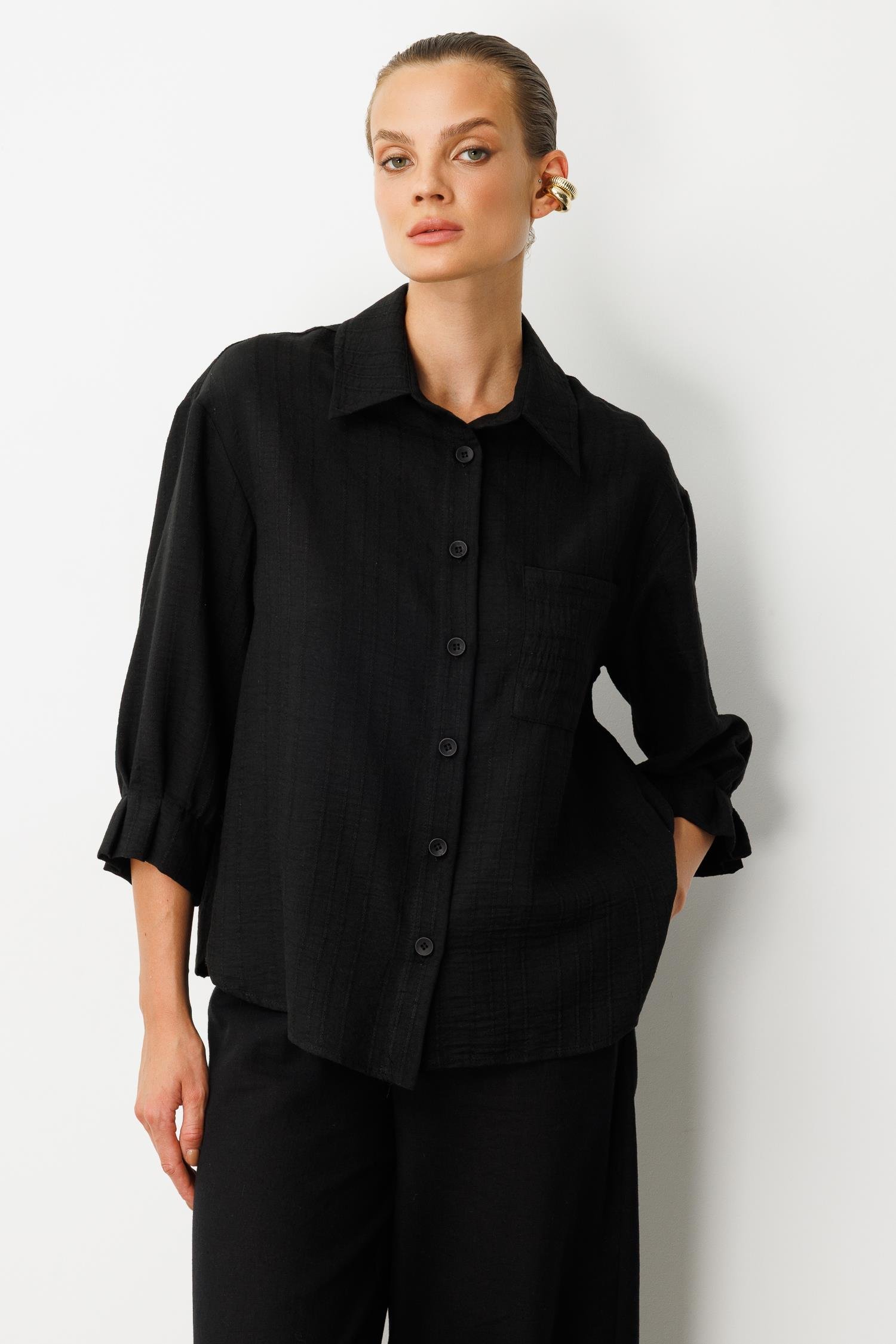 Kolları Pileli Keten Görünüm Gömlek-SİYAH