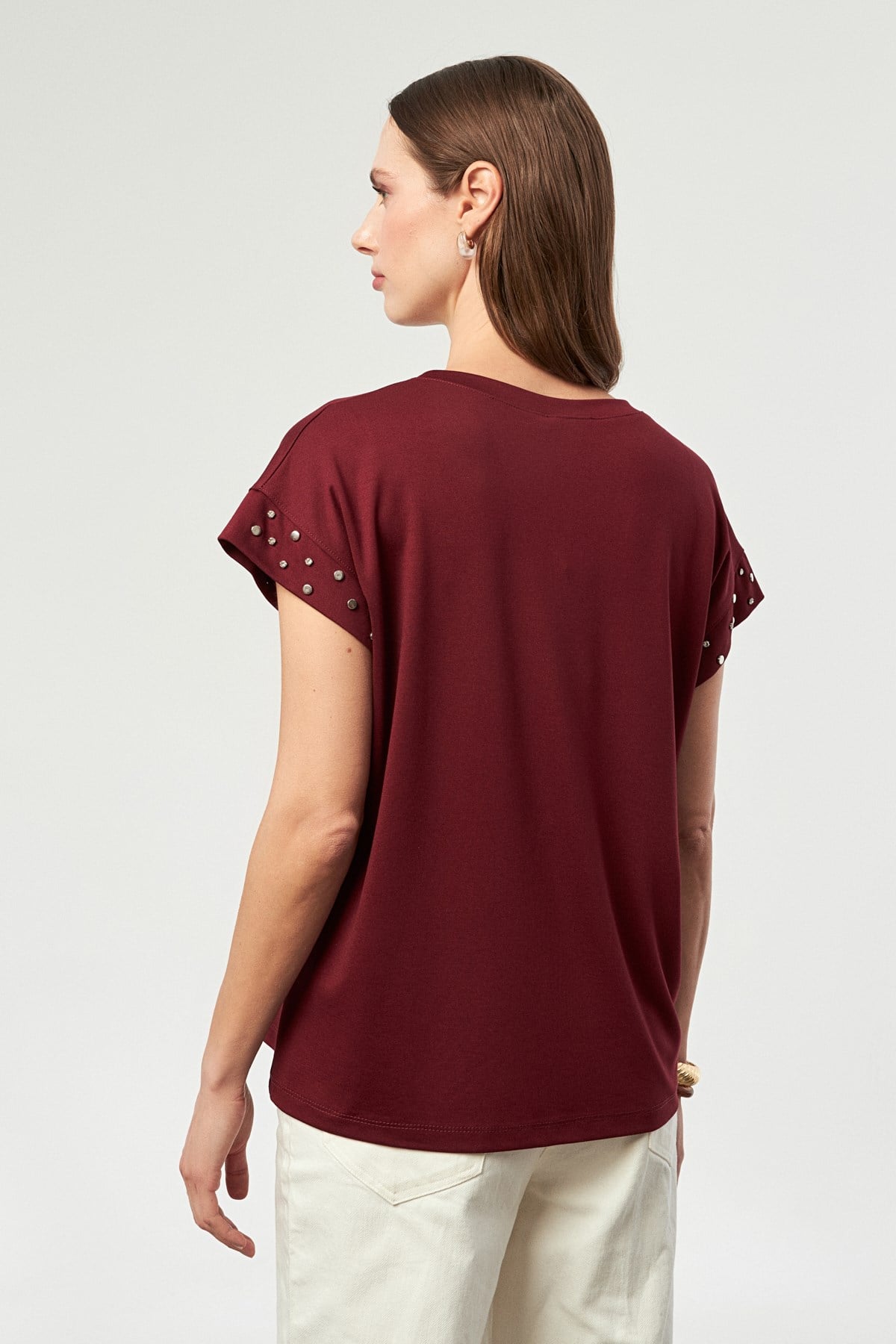 Kolları Taş Detaylı Penye Bluz-BORDO