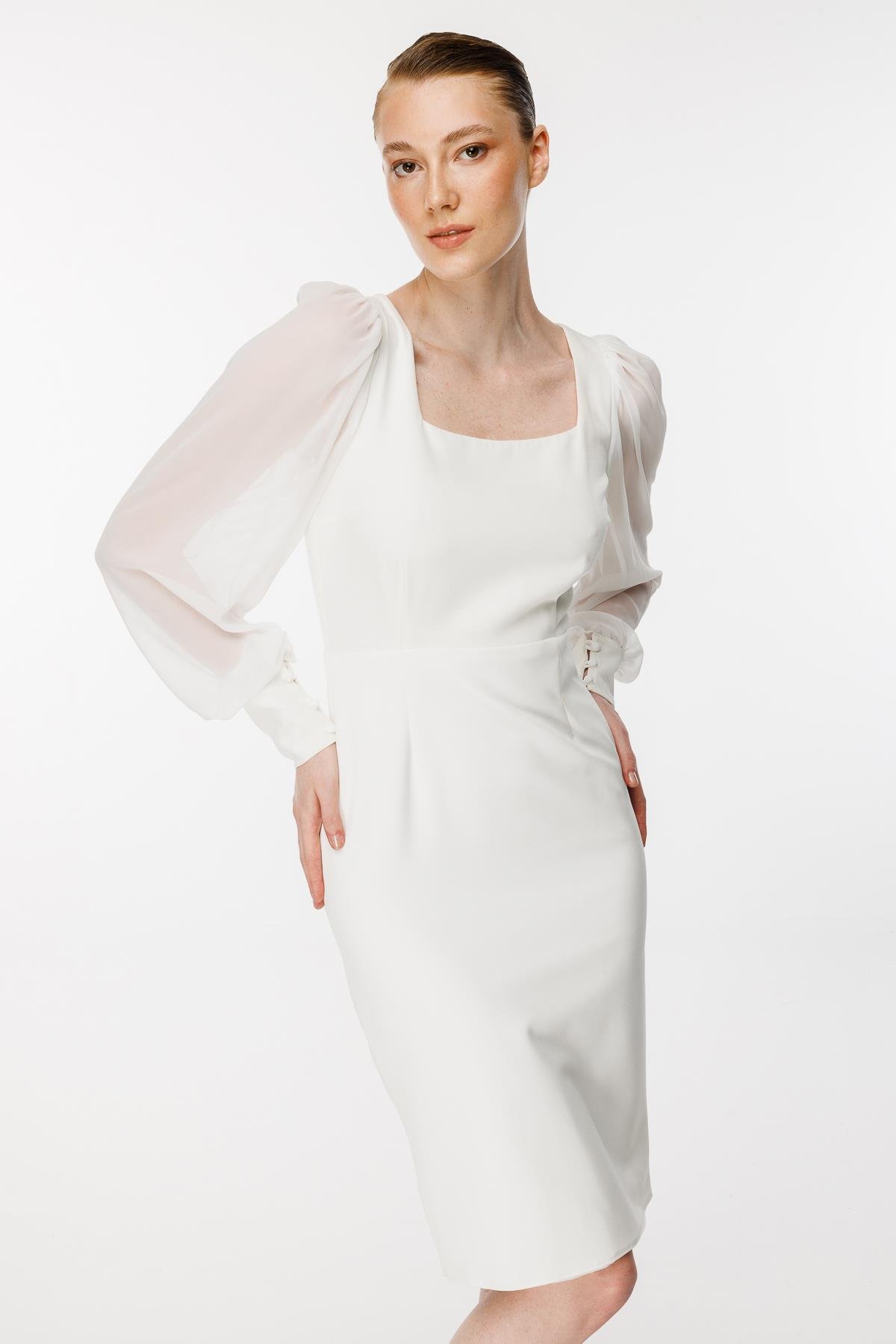 Kolları Tüllü Kısa Kalem Abiye Elbise - EKRU