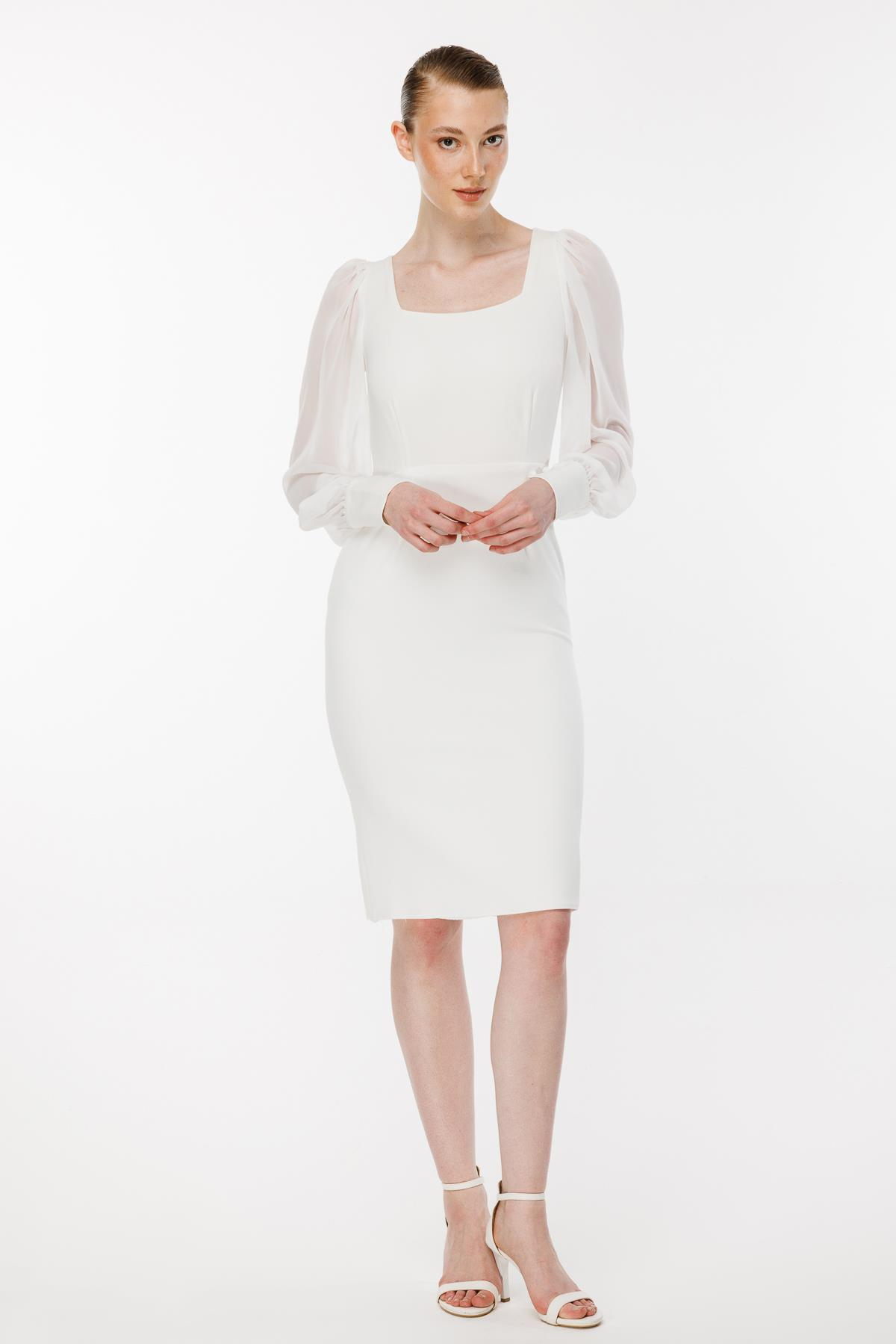 Kolları Tüllü Kısa Kalem Abiye Elbise - EKRU