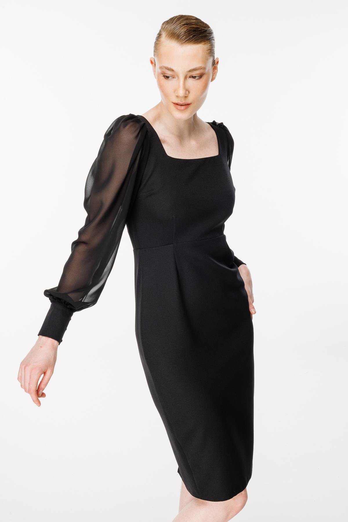 Kolları Tüllü Kısa Kalem Abiye Elbise - SİYAH