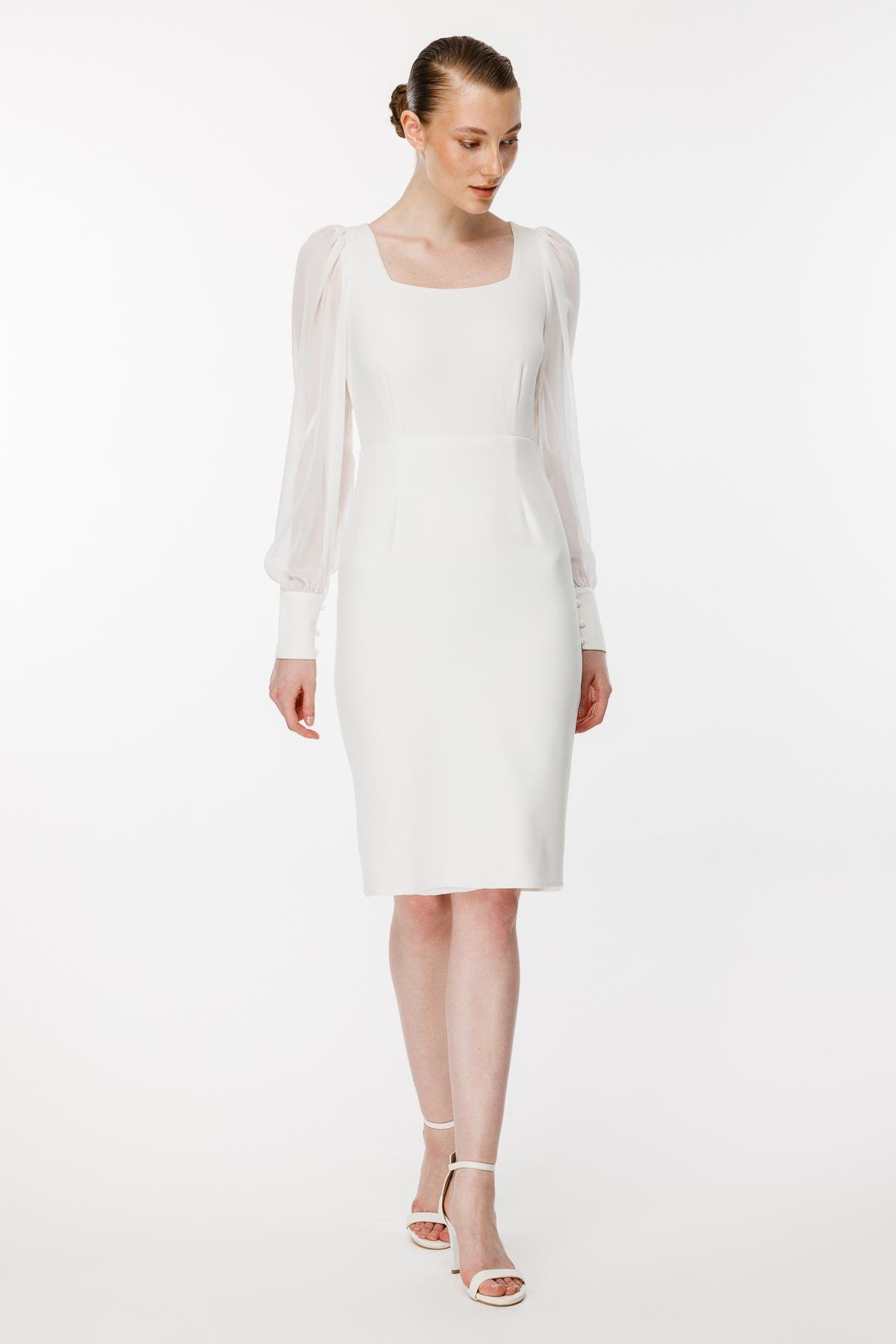 Kolları Tüllü Kısa Kalem Abiye Elbise - EKRU