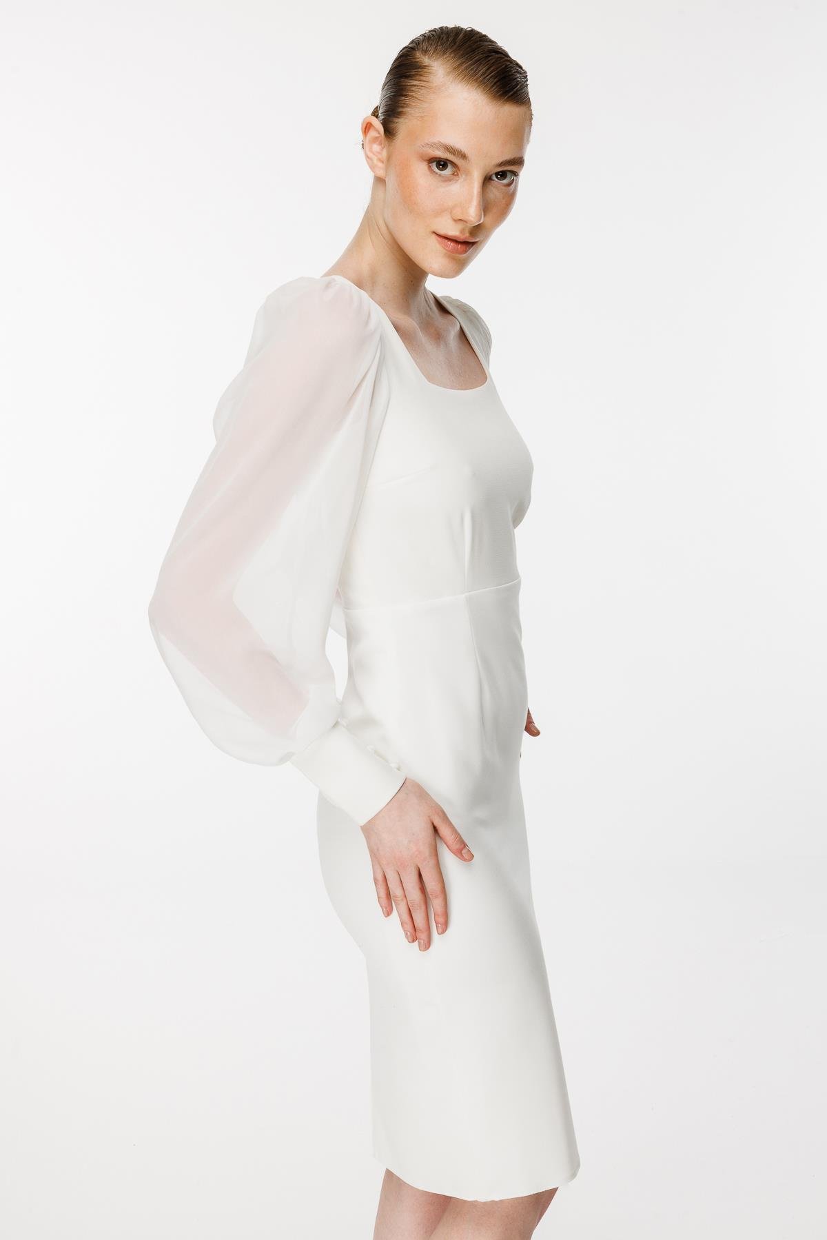 Kolları Tüllü Kısa Kalem Abiye Elbise - EKRU