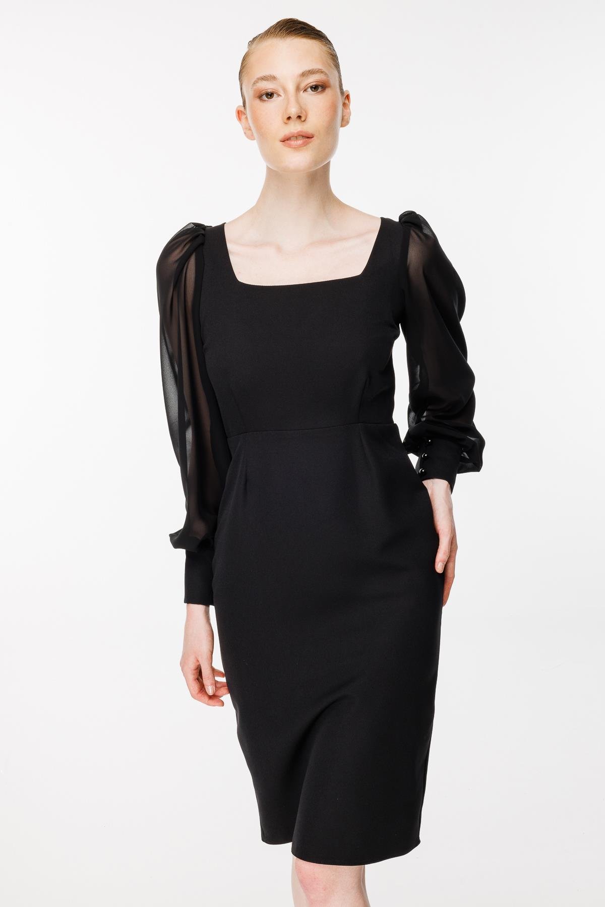 Kolları Tüllü Kısa Kalem Abiye Elbise - SİYAH