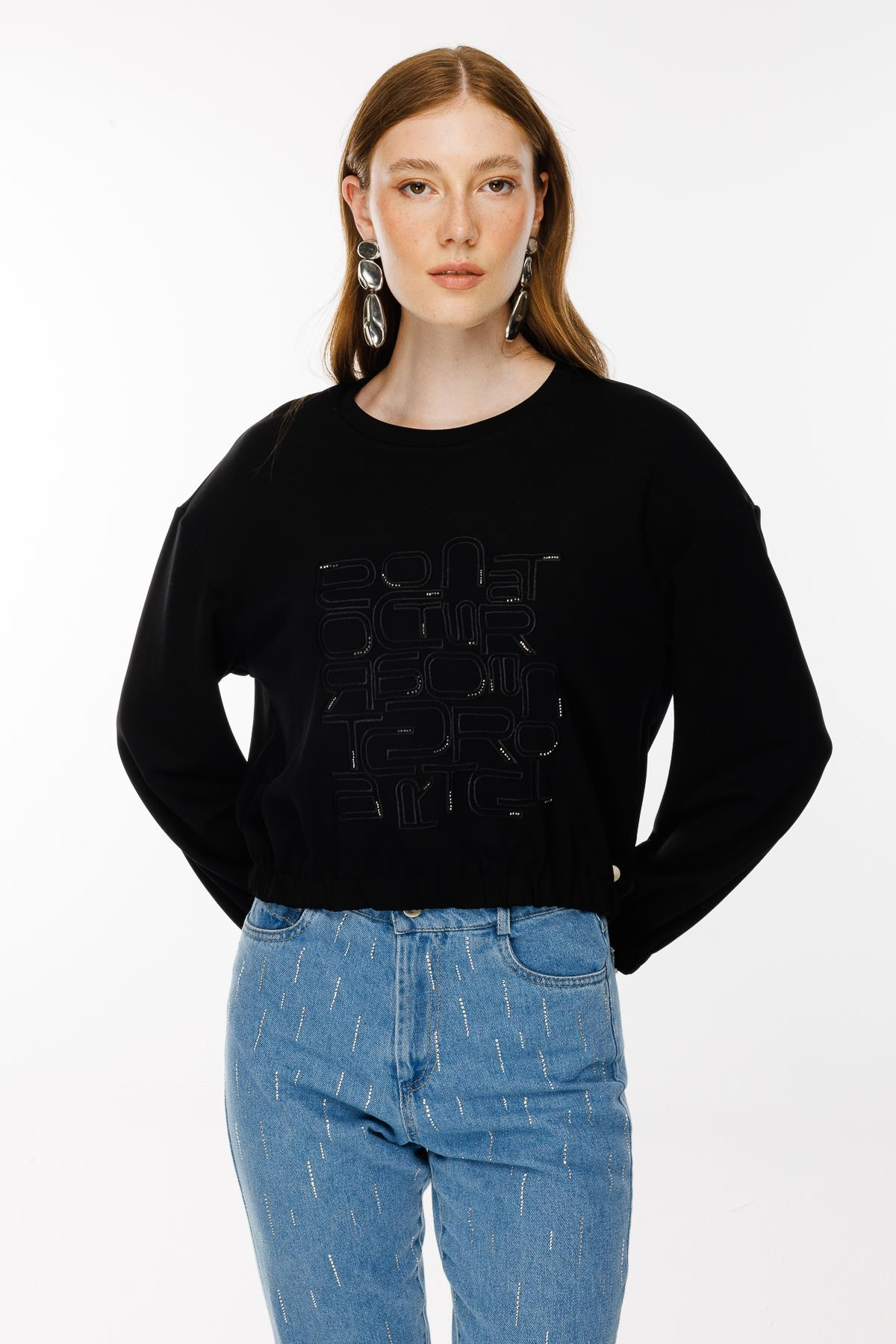 Kolları ve Beli Lastikli İşleme Detaylı Bluz - SİYAH