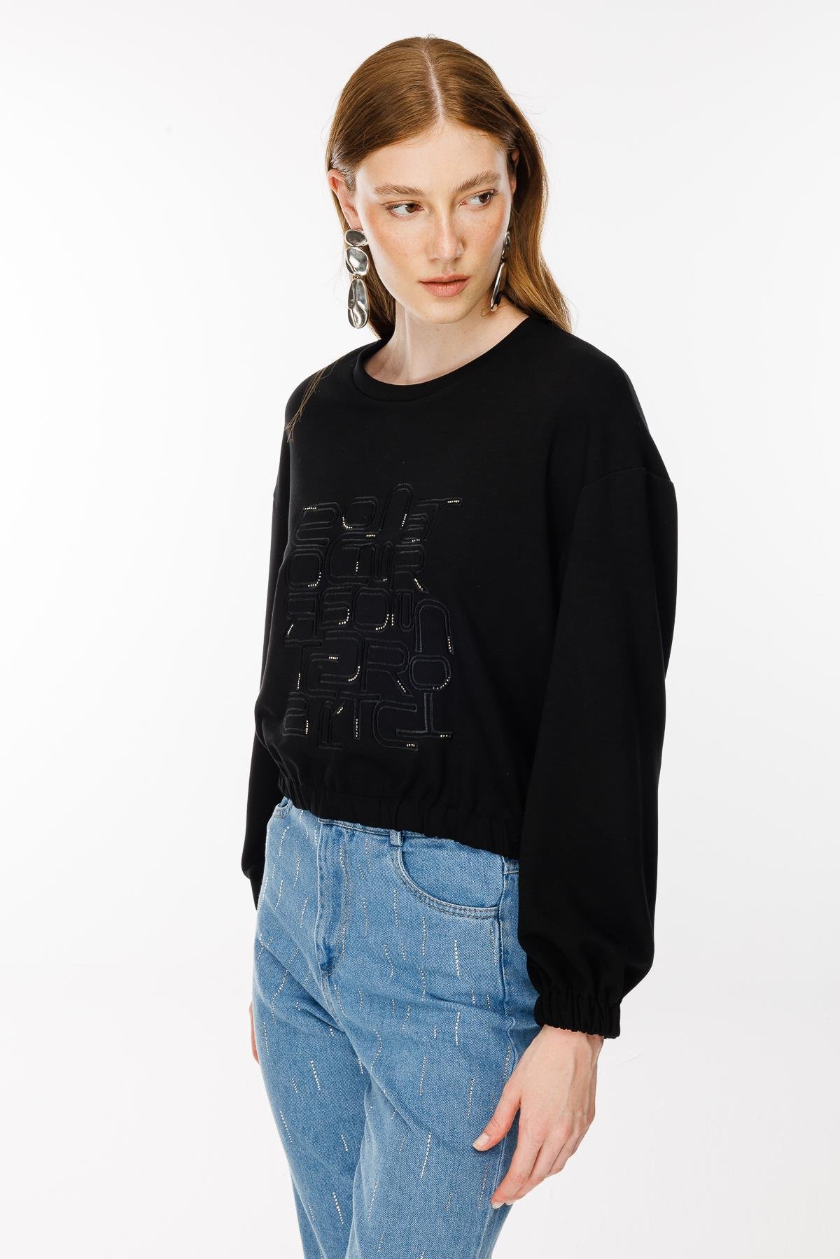 Kolları ve Beli Lastikli İşleme Detaylı Bluz - SİYAH