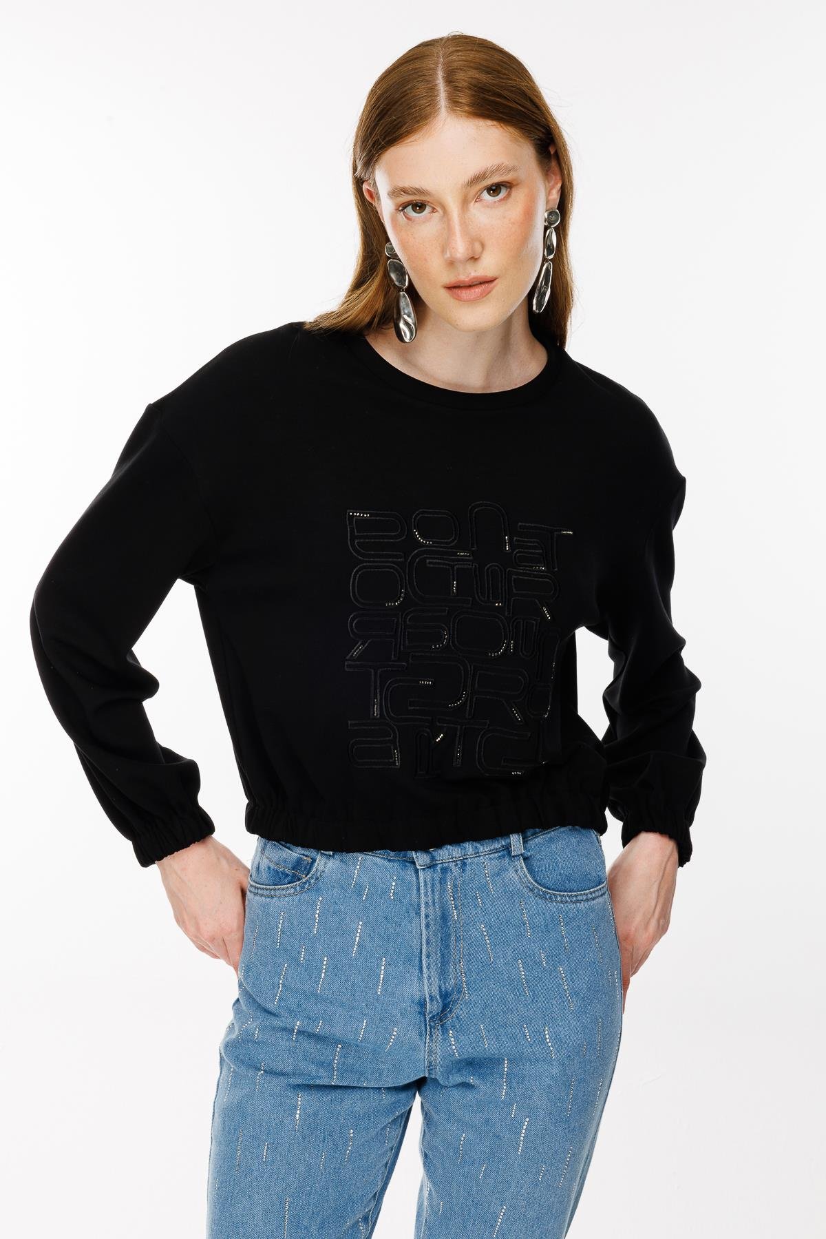 Kolları ve Beli Lastikli İşleme Detaylı Bluz - SİYAH