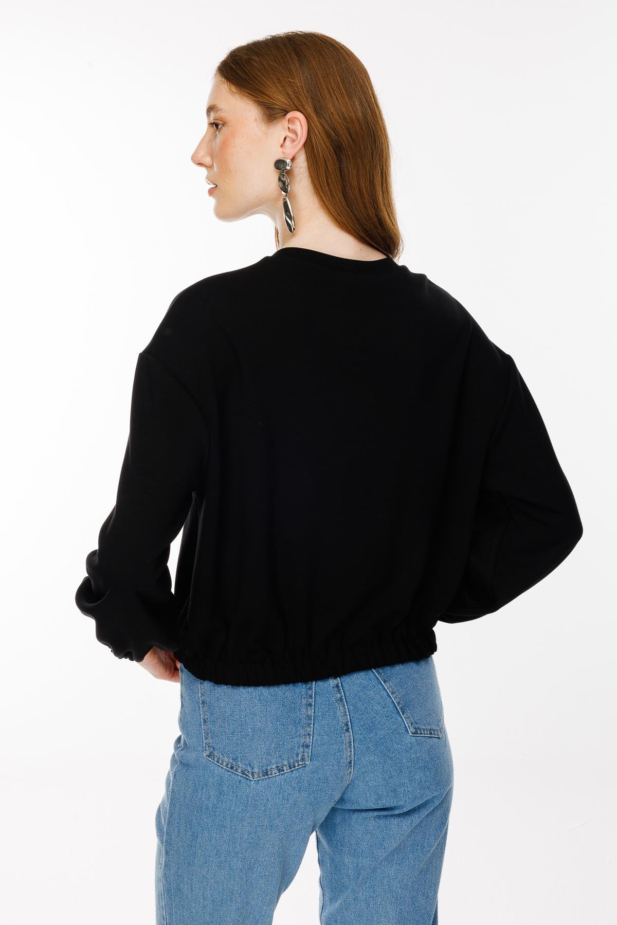 Kolları ve Beli Lastikli İşleme Detaylı Bluz - SİYAH