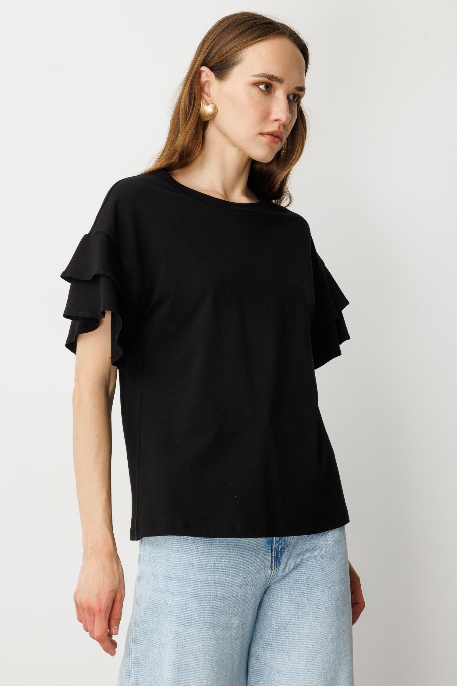 Kolları Volanlı Tişört-SİYAH