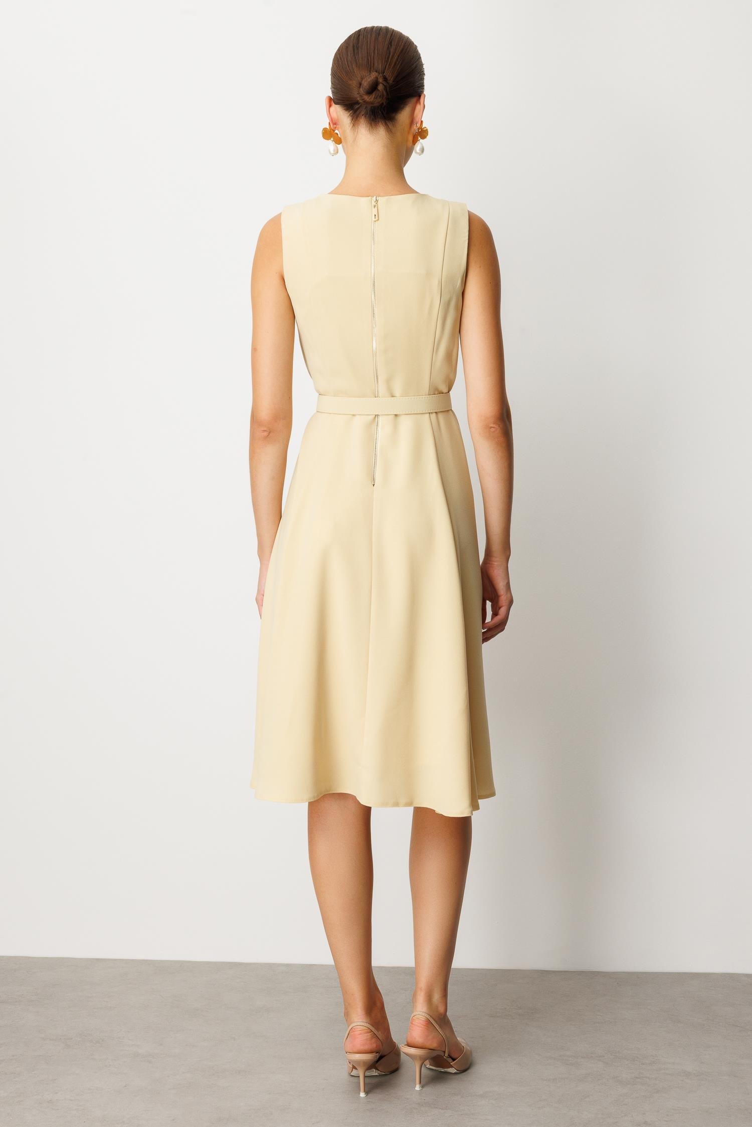 Kolsuz Krep Elbise-SARI