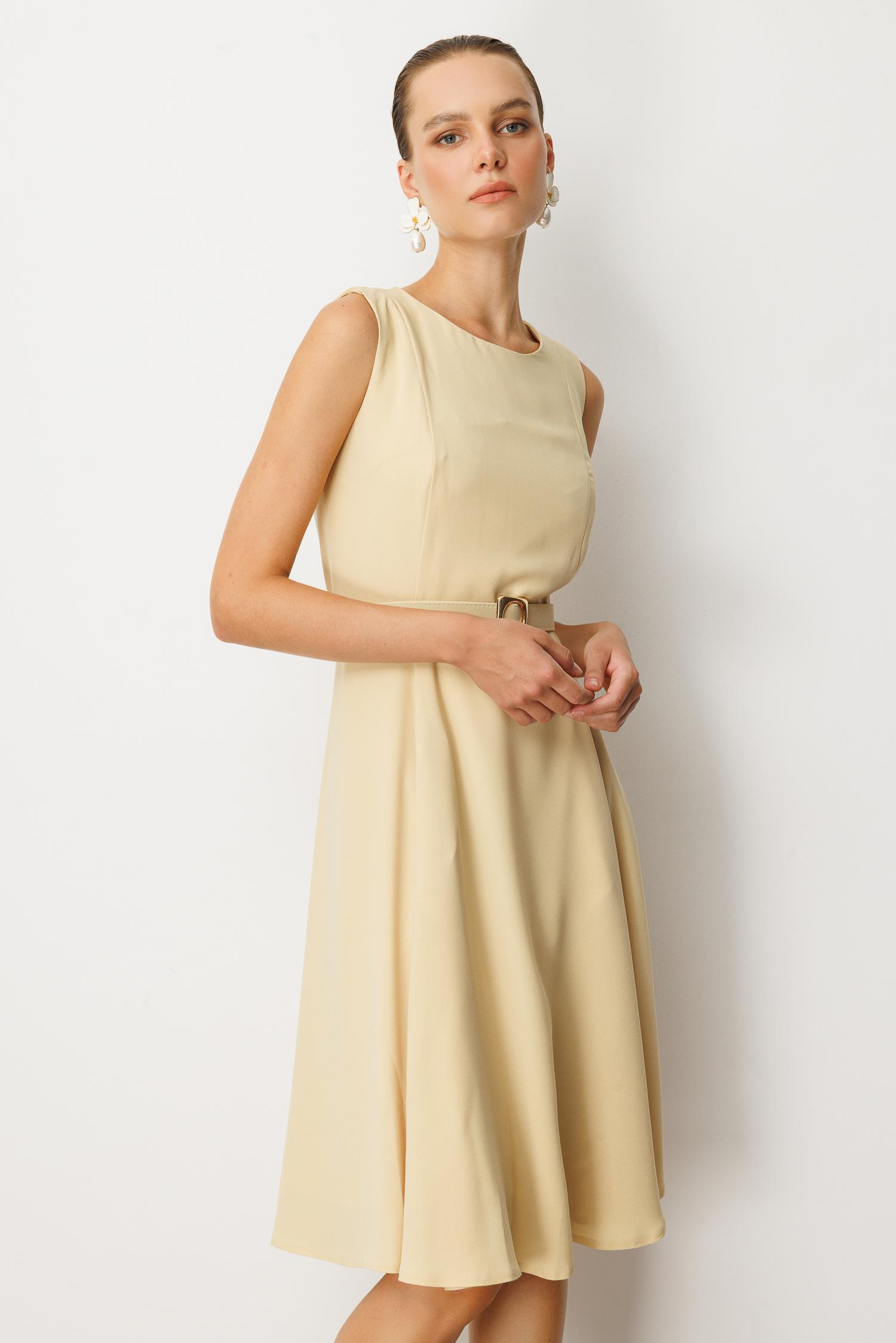 Kolsuz Krep Elbise-SARI