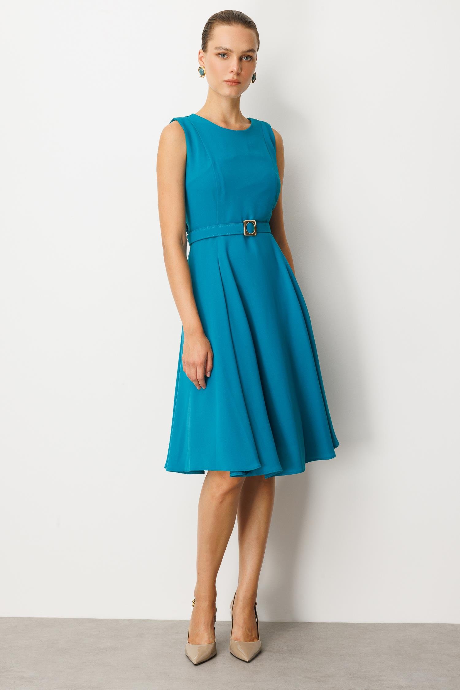 Kolsuz Krep Elbise-TURKUAZ