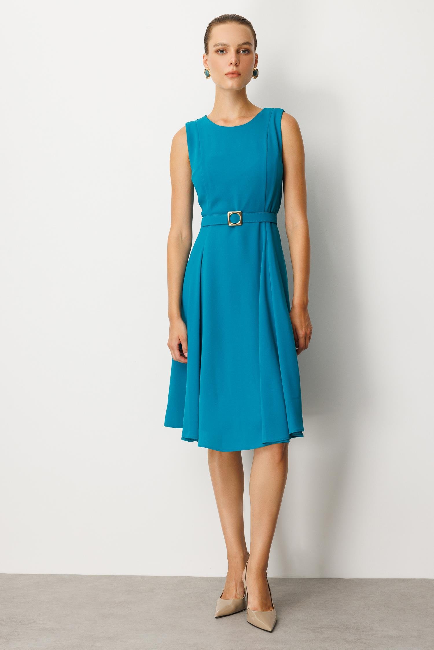 Kolsuz Krep Elbise-TURKUAZ