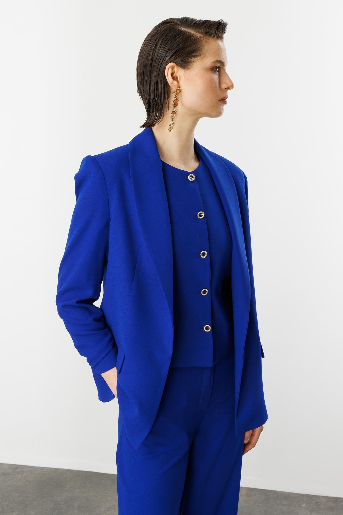 Kolu Büzgülü Cep Detaylı Ceket-SAX