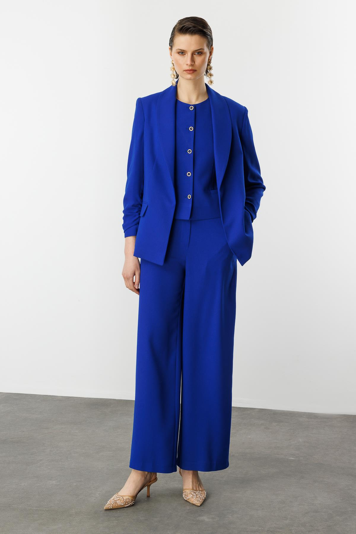 Kolu Büzgülü Cep Detaylı Ceket-SAX