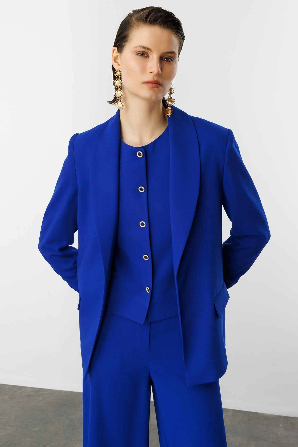 Kolu Büzgülü Cep Detaylı Ceket-SAX