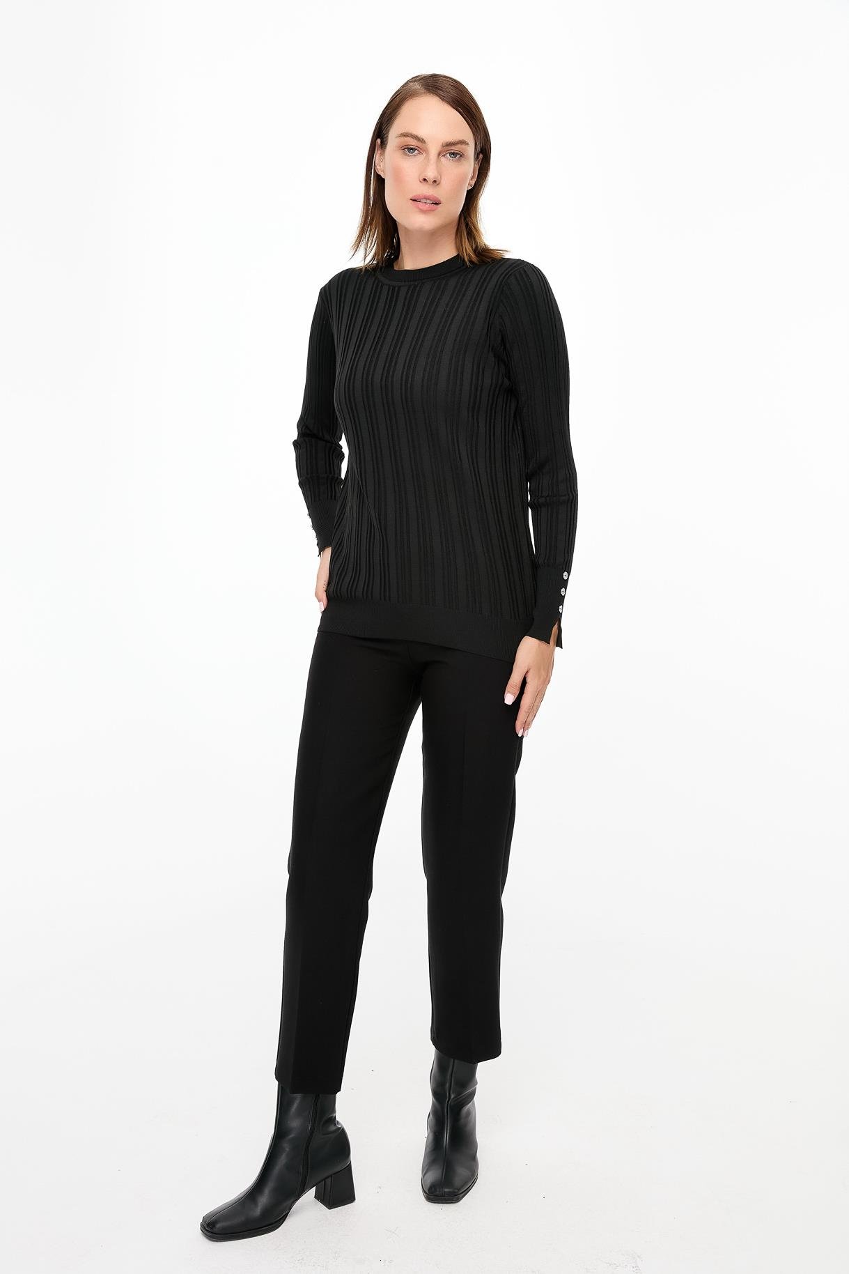 Kolu Düğmeli Sıfır Yaka Triko Kazak - SİYAH