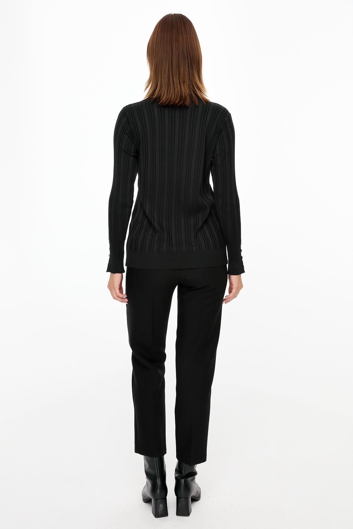 Kolu Düğmeli Sıfır Yaka Triko Kazak - SİYAH