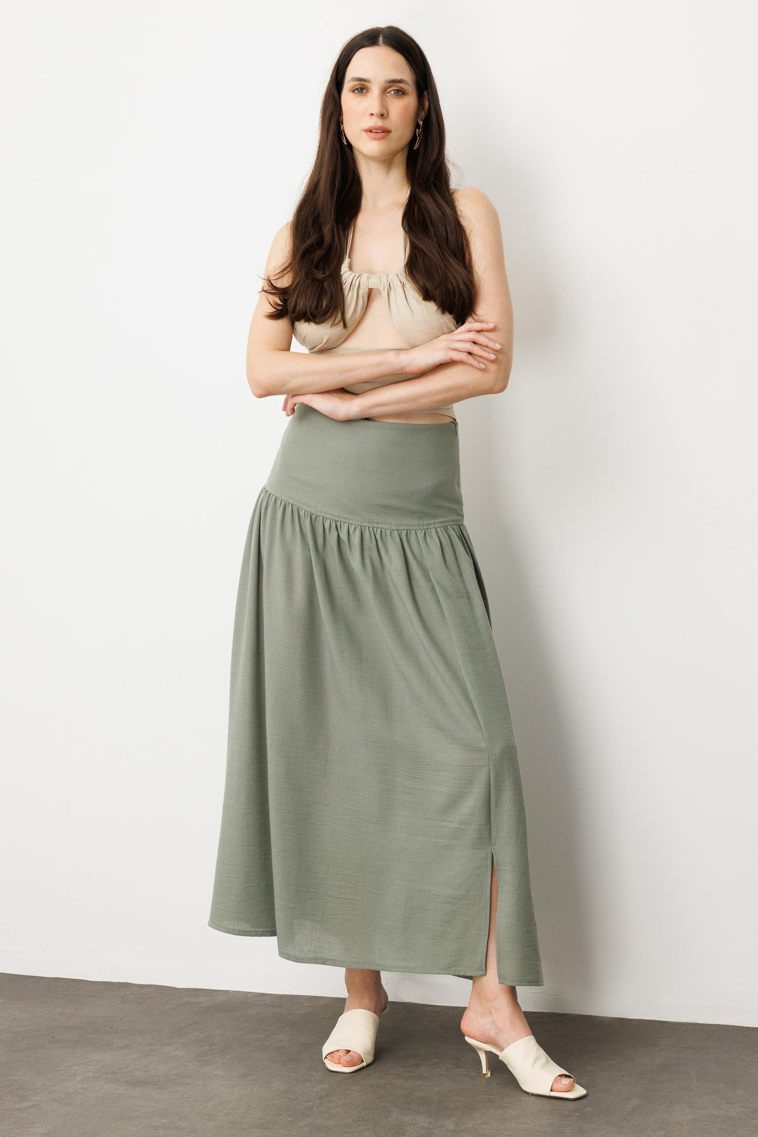 Korsajlı Büzgülü Uzun Etek-HAKİ